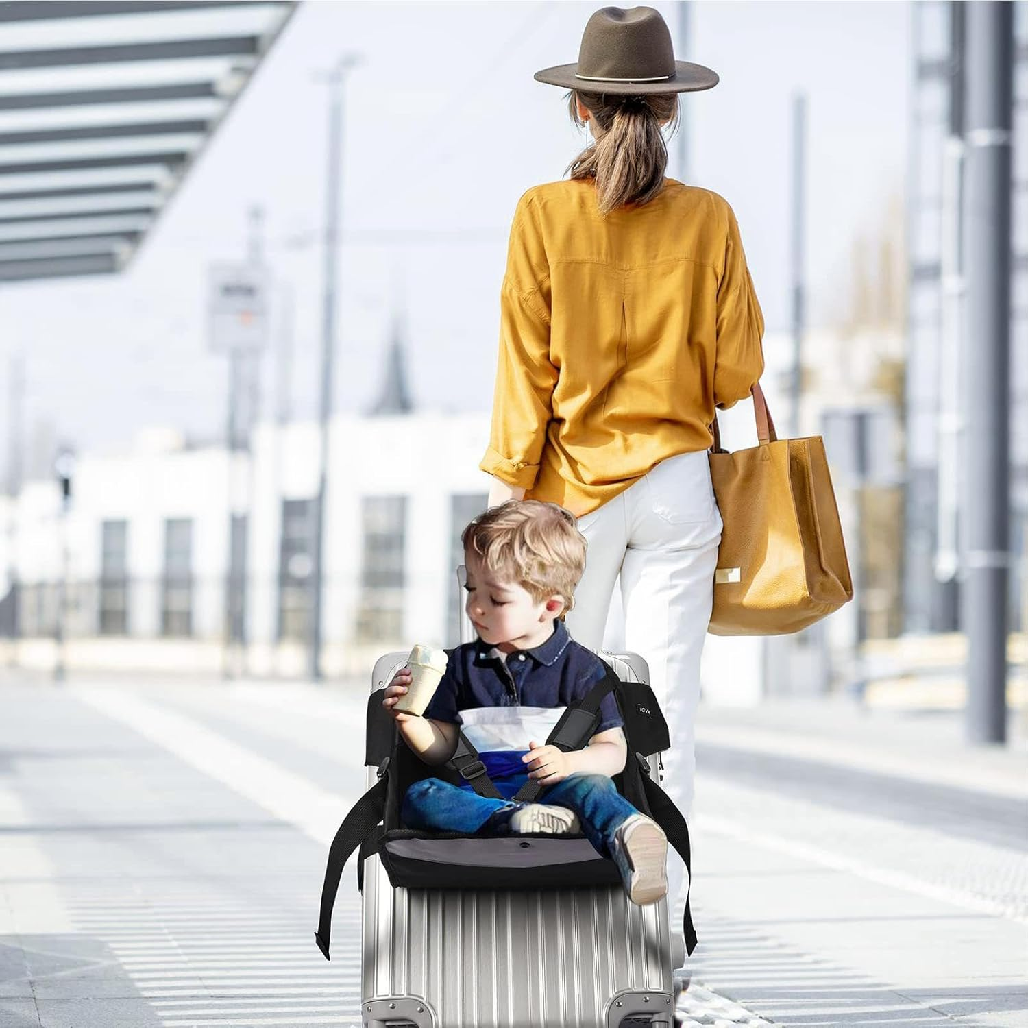 Carry Luggage Seat for Kids - Foldable Adjustable Luggage Seat | Kids Travel Suitcase Seat, Carry Luggage Seat with Safety Belt, Black Luggage Seat for Travel, Vacation image number 2