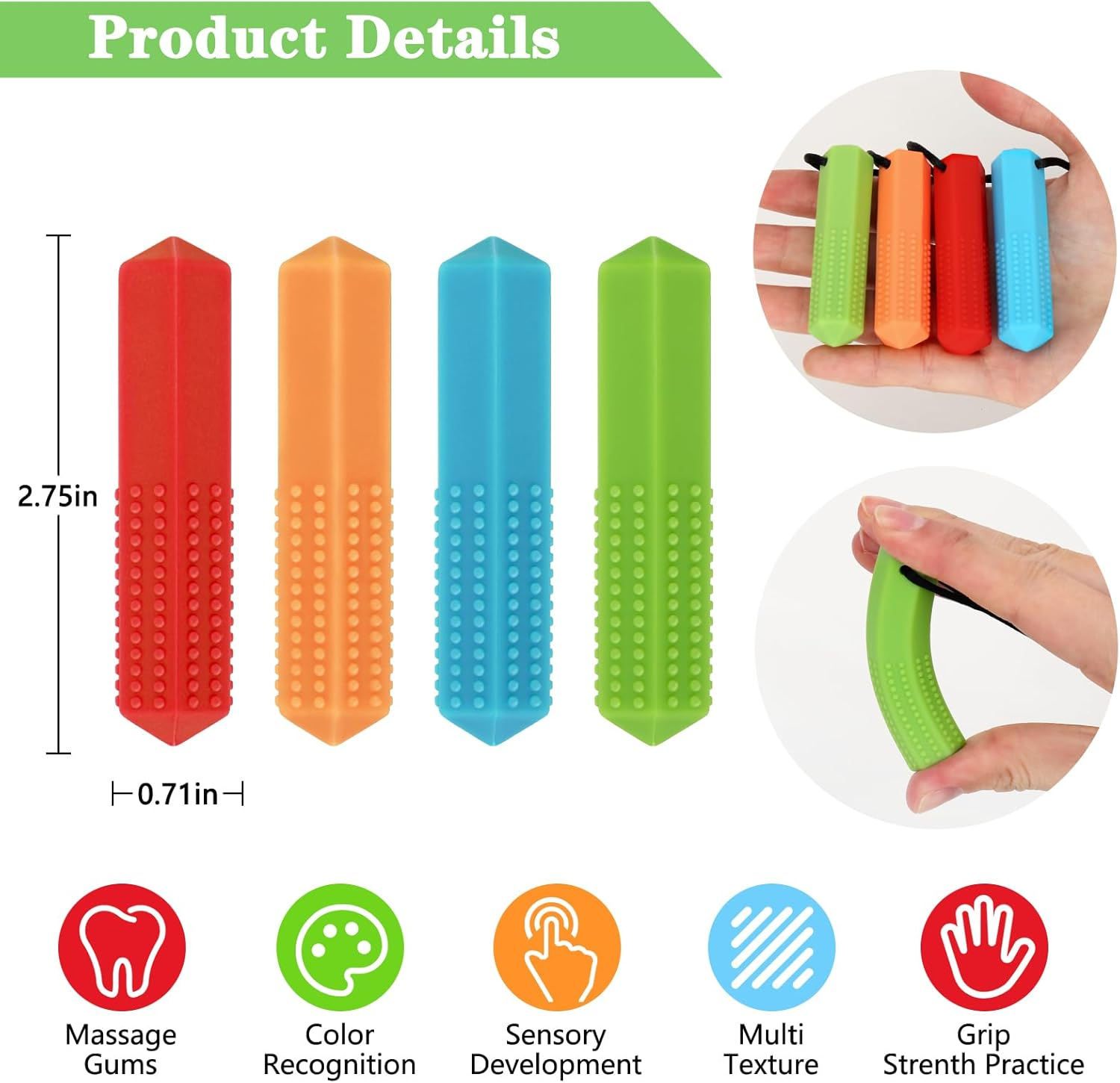 Chew Necklace for Sensory Kids & Adults: 4-Pack Silicone Chew Toys for Autism, ADHD, SPD, and Teething Relief image number 2