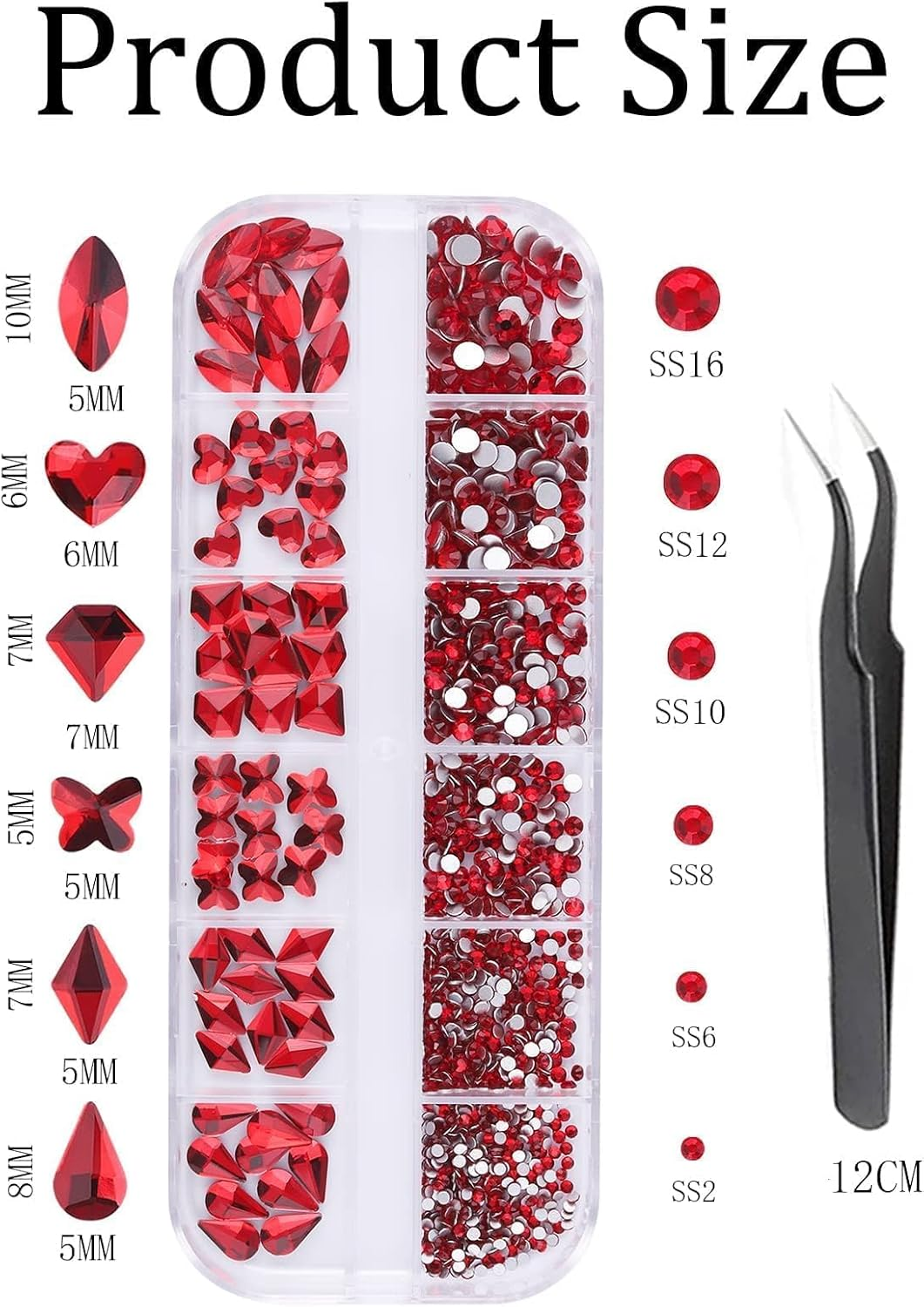 EBANKU Christmas Red Nail Rhinestones Hearts Butterfly round Shaped Nail Art Crystals Diamonds Flat Back Rhinestones 3D Diamond Stone Nail Gems with Tweezers for Halloween Christmas Valentine'S Day - Ab image number 4