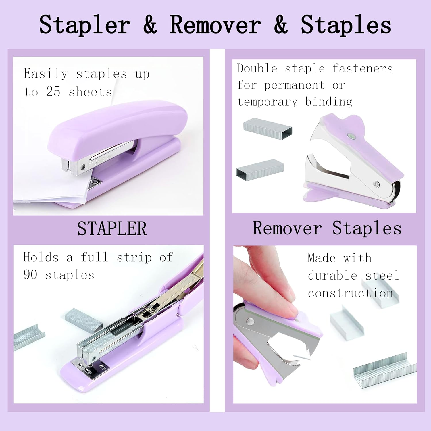 Purple Office Desk Accessories Supplies, 12Pcs Desk Organizers and Accessories with Tape Dispenser and Stapler,Staples,Staple Remover,Pen Holder,Scissor,Ruler,Sticky Tabs,Tape,Ballpoint Pen,Clips Set - Black image number 2