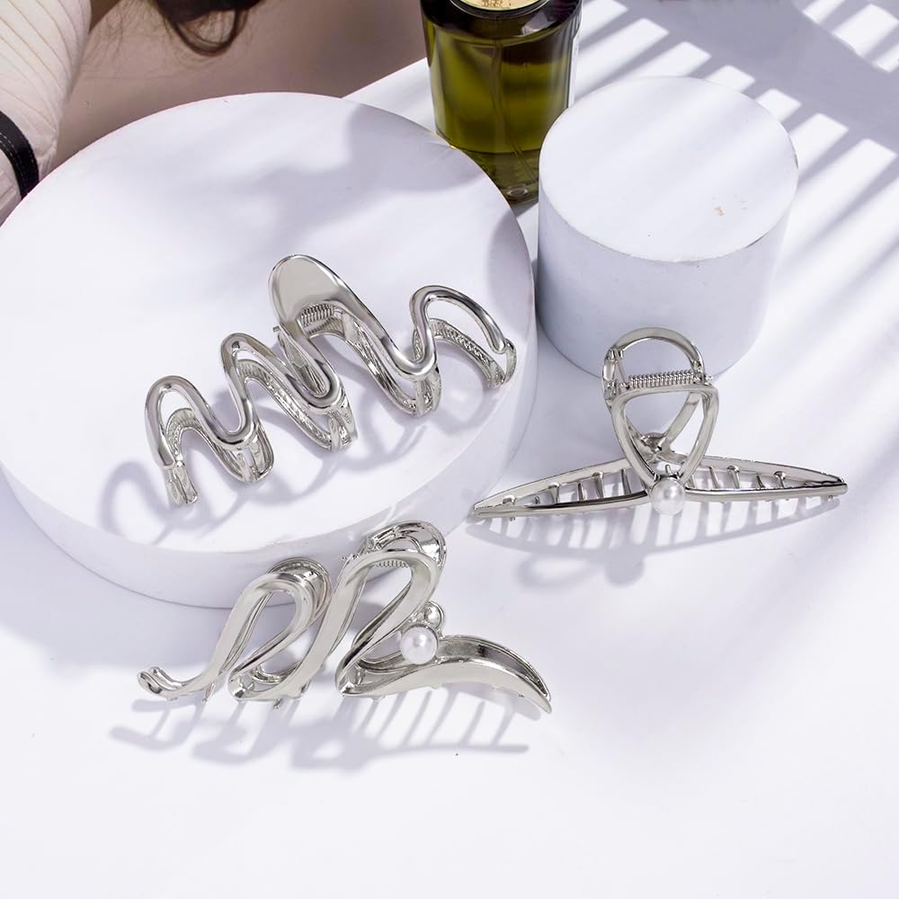 3 Pack Hair Claw Clips for Thick Long Hair, Silver Metal Wave Cross with Peal Big Jaw Clamps Hair Accessories for Women, Fashion Elegant Aesthetics Variety Hairgrip Styling Tools image number 6