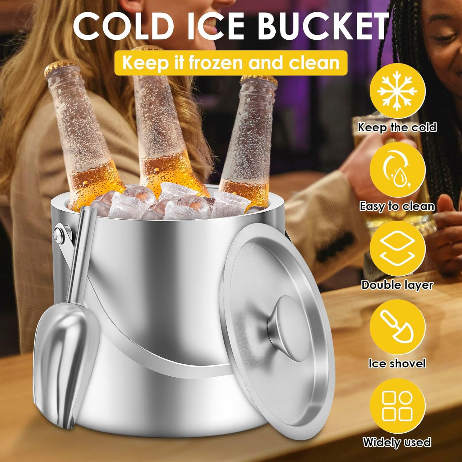 3L Ice Bucket with Leakproof Lid Double Walled Stainless Steel Insulated Ice Bucket with Scoop Beverage Cooler Container Wine Chilling Tub for Cocktail Bar Party image number 4
