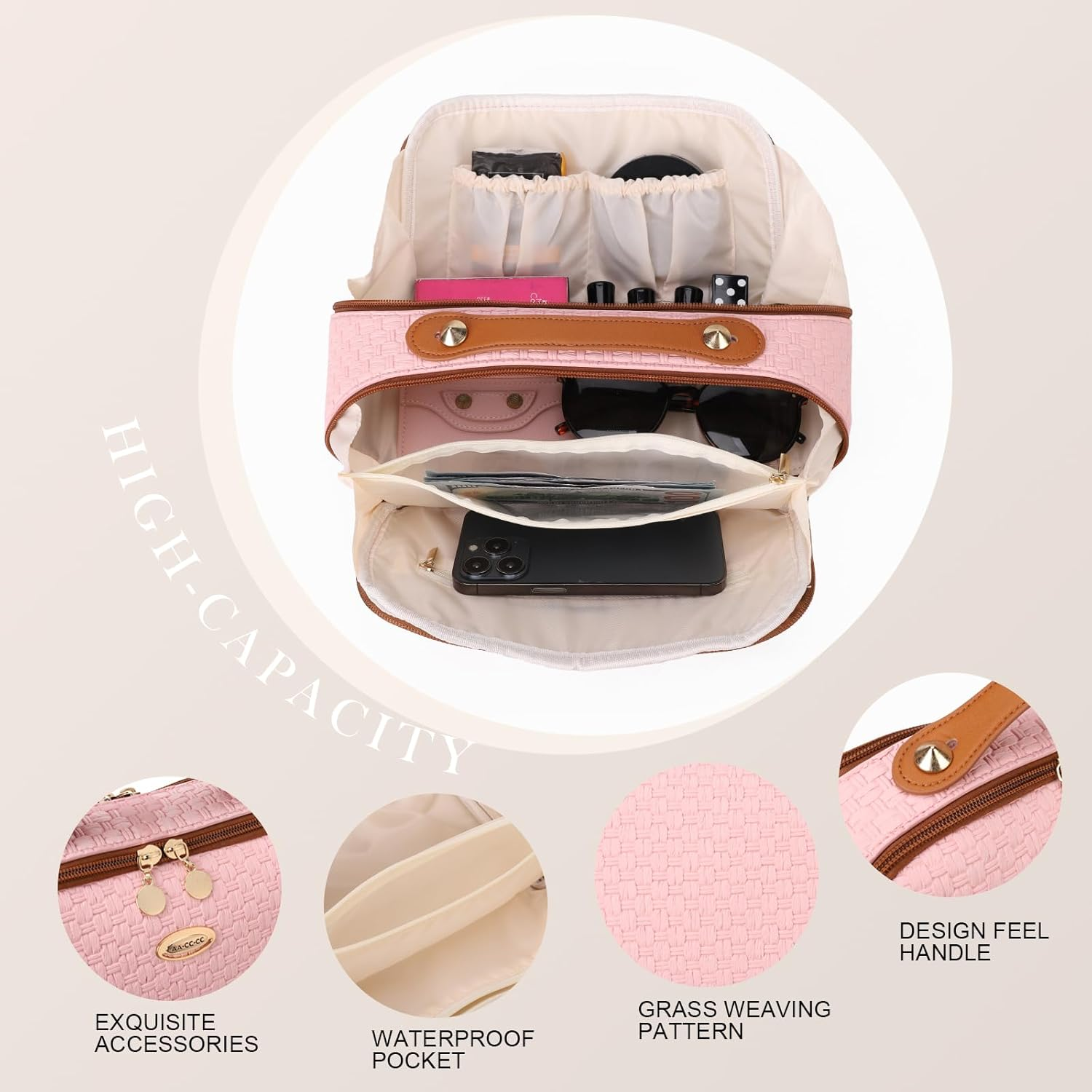 DDPOND Makeup Bag Organizer Cosmetic Bags for Women with Handle Toiletry Bag PU Leather Dark Brown - Pink image number 4