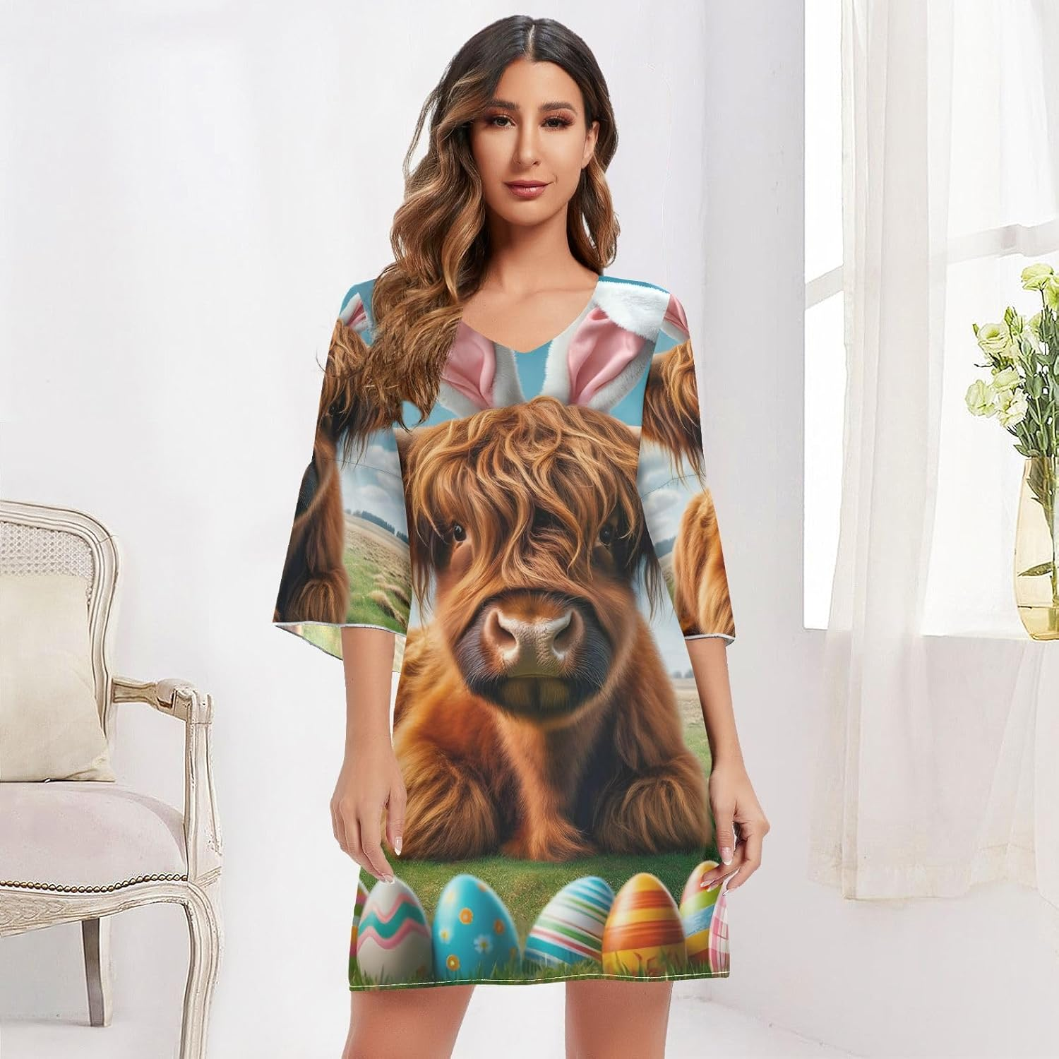 Easter Cute Highland Cow Chiffon Dress Printed Chiffon Line Maternity Dress image number 1