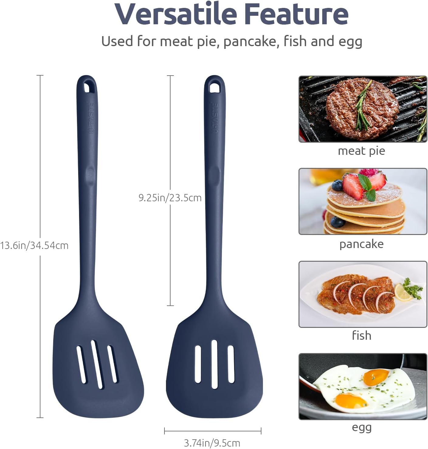 U-Taste 9.5Cm Wide Slotted Turner - 315℃ Heat Resistant 34Cm Non-Stick Food Grade Silicone Cooking Egg Spatula, Flexible and Stiff Seamless Rubber Kitchen Utensil for Pancake, Steak (Midnight Blue) - Aqua Sky (Solid) image number 5
