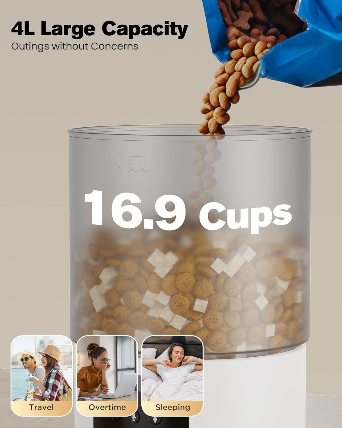 POOEKEN Automatic Cat Feeder, Wifi: 4L Capacity, Customised Schedule, App Control, Voice Interaction, White image number 5