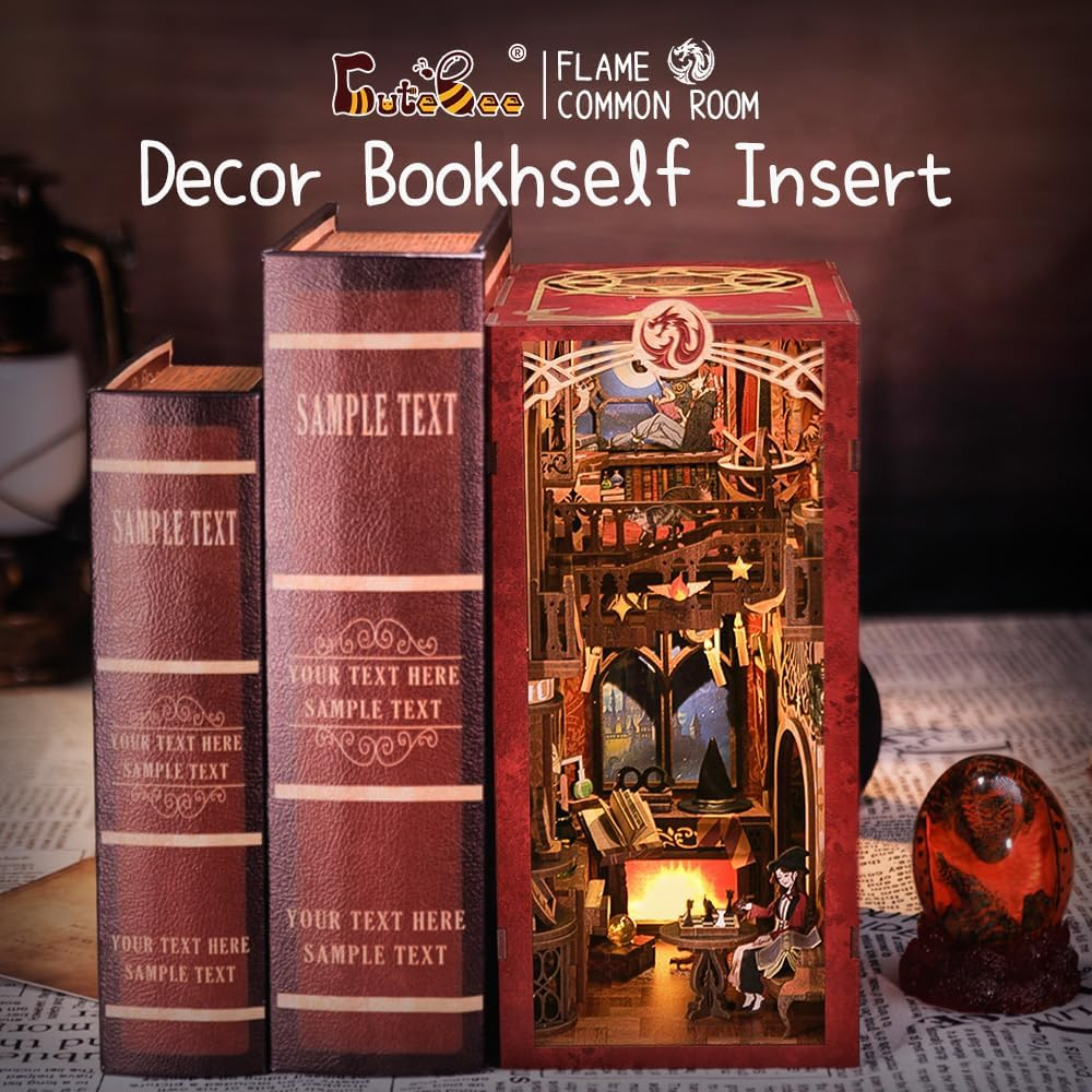 CUTEBEE DIY Book Nook Kit - 3D Wooden Puzzle Miniature Dollhouse with Dust Cover, Bookshelf Insert Decor for Adults (Flame Common Room) image number 5