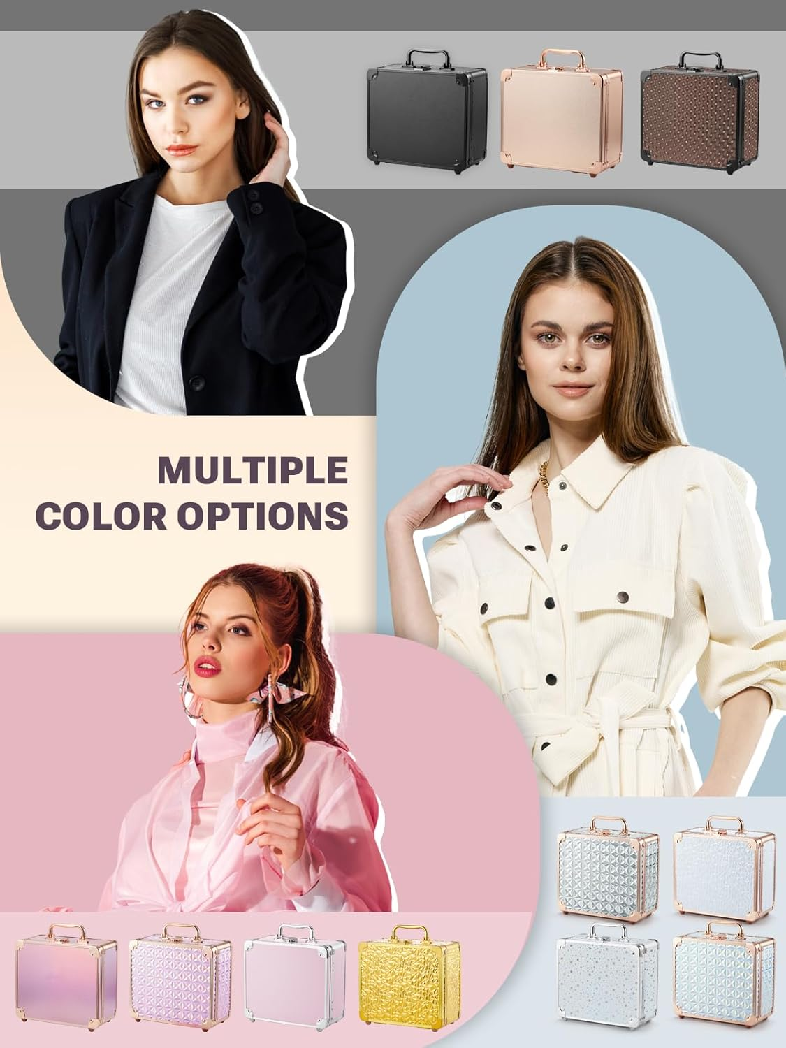 Makeup Box with Lighted Mirror Detachable, Cosmetic Organizer and Portable Makeup Box with Adjustable Dividers, 3 Color Scenarios, Adjustable Brightness and Waterproof Travel Train Case (Black) image number 2