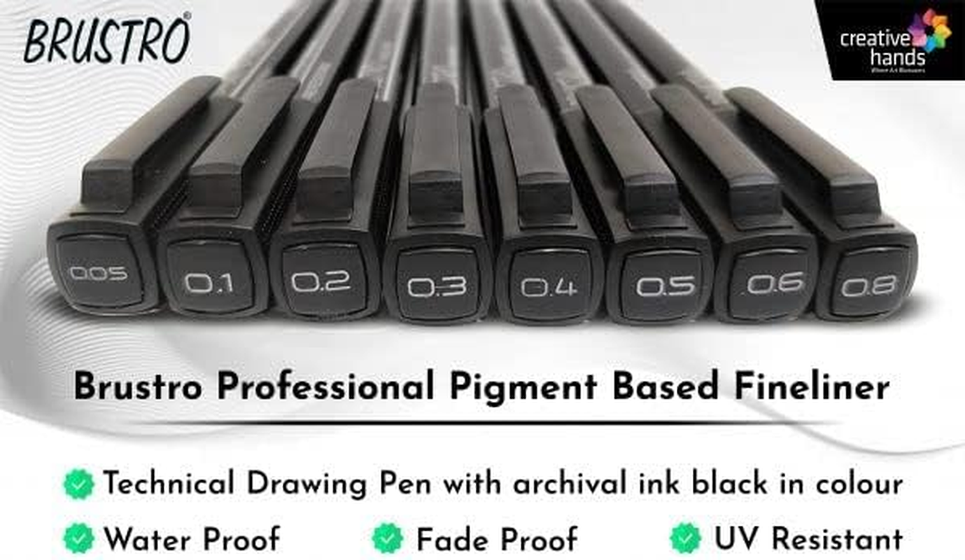 BRUSTRO Professional Pigment Based Fineliner |Black| Set of 8 - Tip Size 0.05Mm, 0.1Mm, 0.2Mm, 0.3Mm, 0.4Mm, 0.5Mm, 0.6Mm and 0.8Mm| Technical Drawing,Waterproof,Artist Illustration,Sketching,Mandala