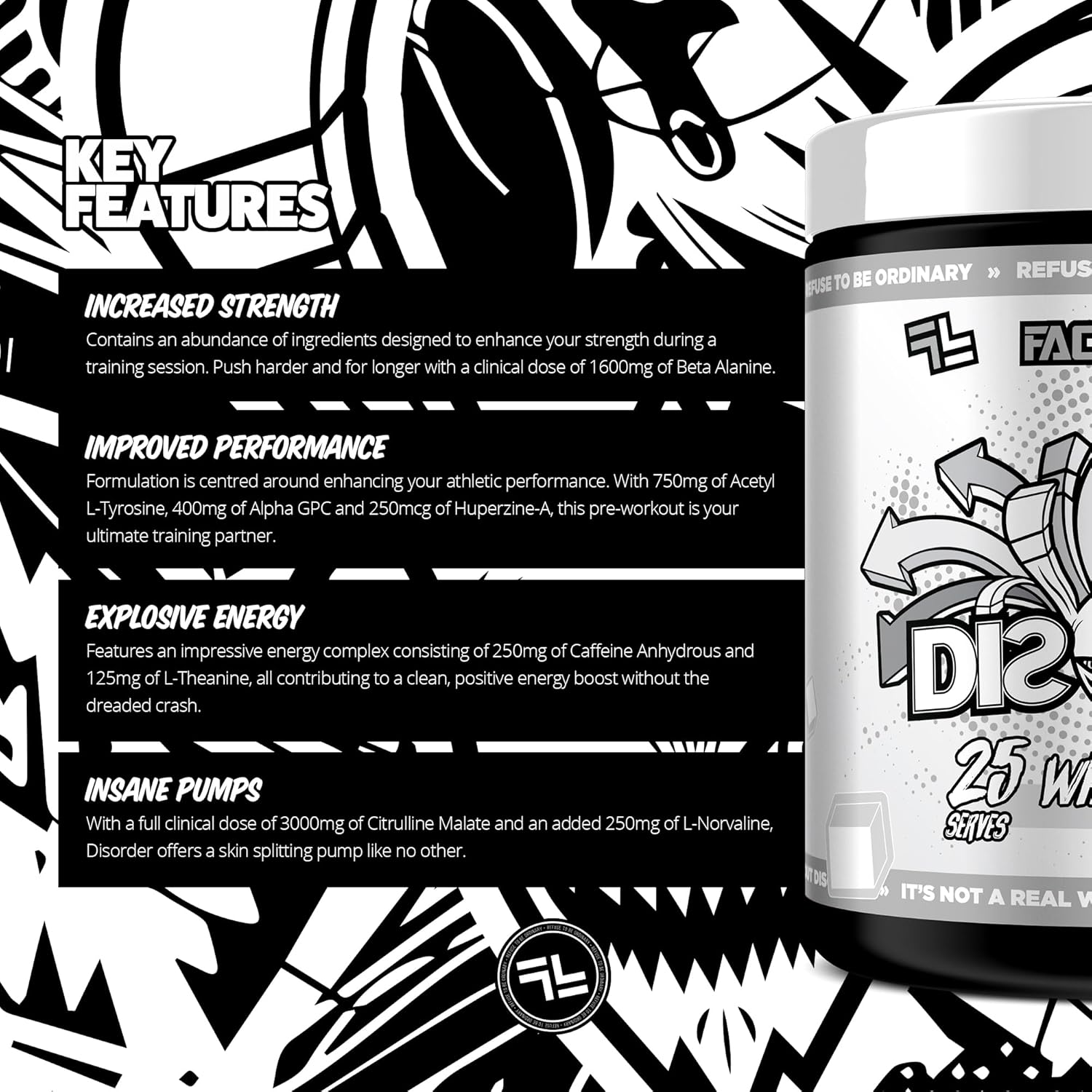 Faction Labs Disorder Original Pre Workout Powder, White Snow, Sugar Free Caffeinated Gym Supplement, 25 Serves, 225G image number 2