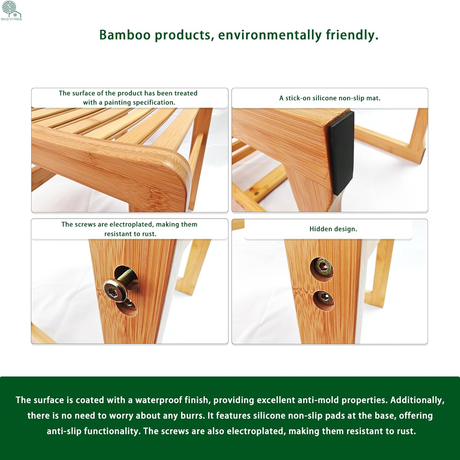 Bamboo Shower Stool with Waterproof Treatment, No Mold, Portable Shower Chair with Non-Slip Feet, Sturdy and Durable Wooden Stool, Rectangular Bathroom Stool. (38X30X42 Cm) image number 2