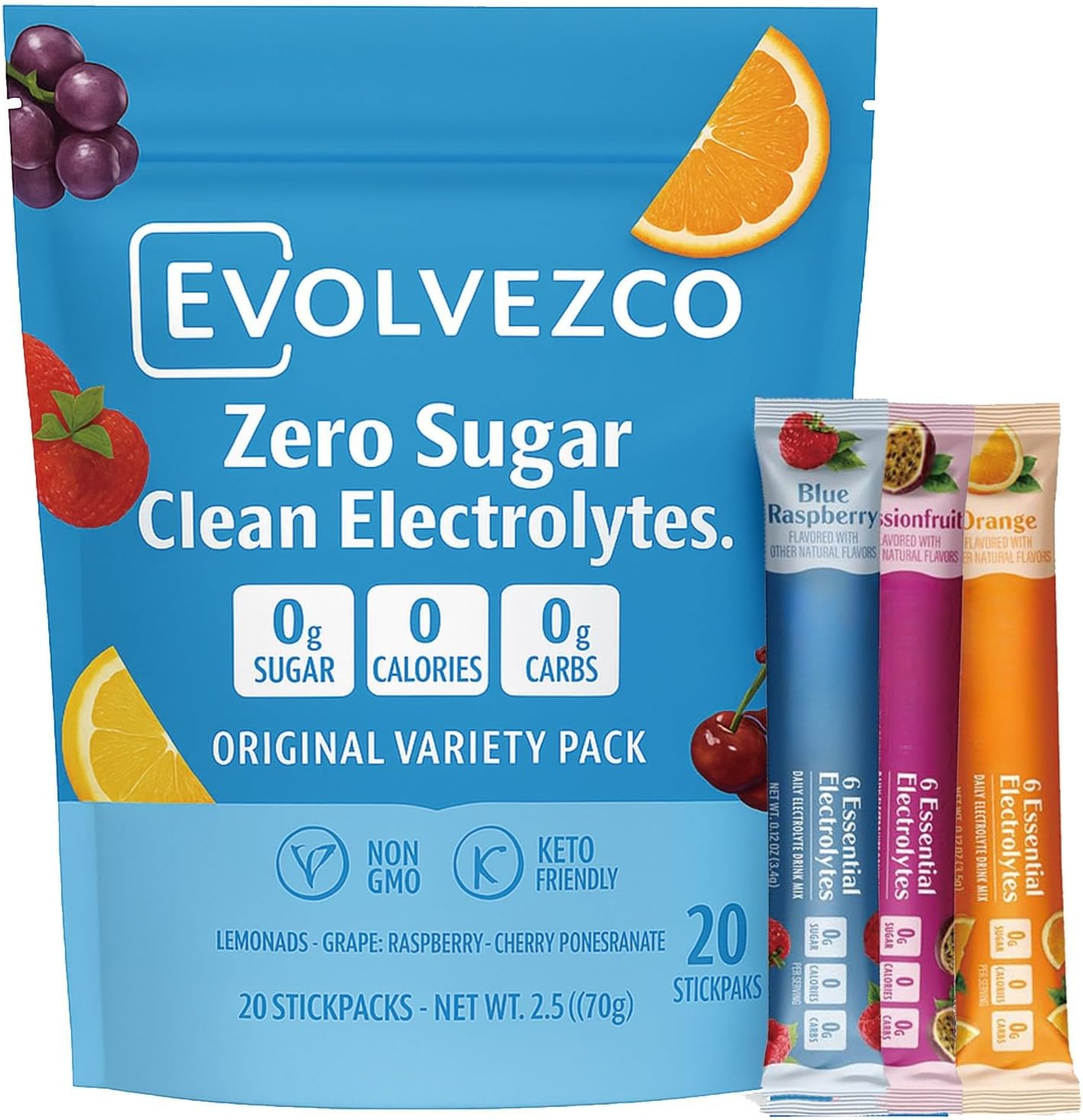 Electrolyte Drink Mix &ndash; Sugar-Free Hydration Powder with 6 Electrolytes + Vitamin C & Zinc &ndash; Vegan &middot; Non-Gmo &middot; Keto-Friendly &ndash; Original Variety Pack (20 Stickpacks) image number 3