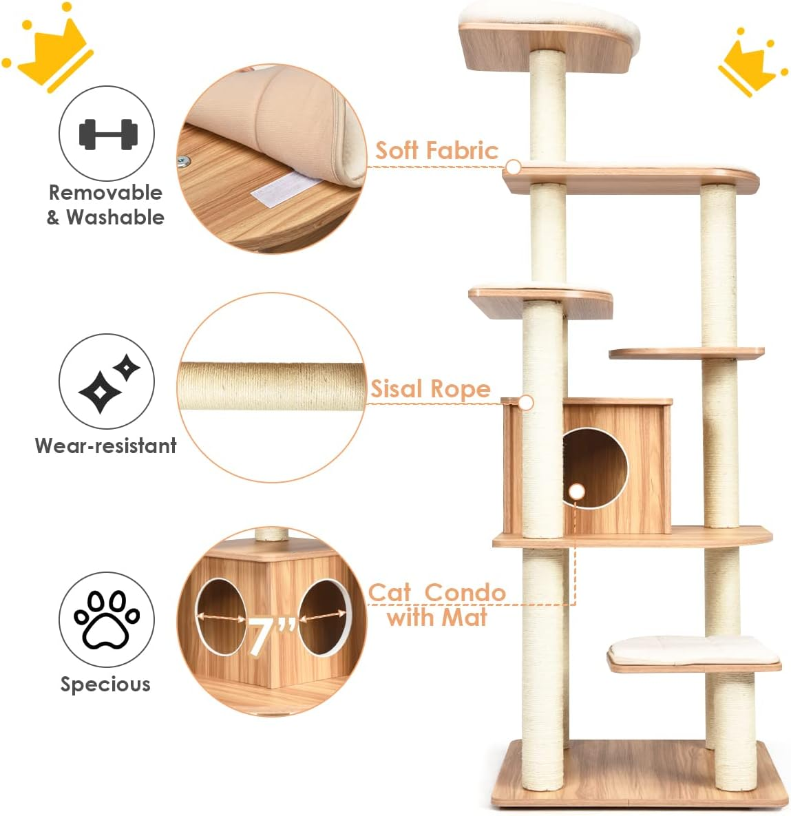 Cat Tree, Wooden Cat Tower with 6-Layer Platform, Sisal Rope Scratching Posts, Washable Plush Cushions, Cat Condo Furniture Activity Center Tower for Indoor Cats Kittens Relaxing image number 3