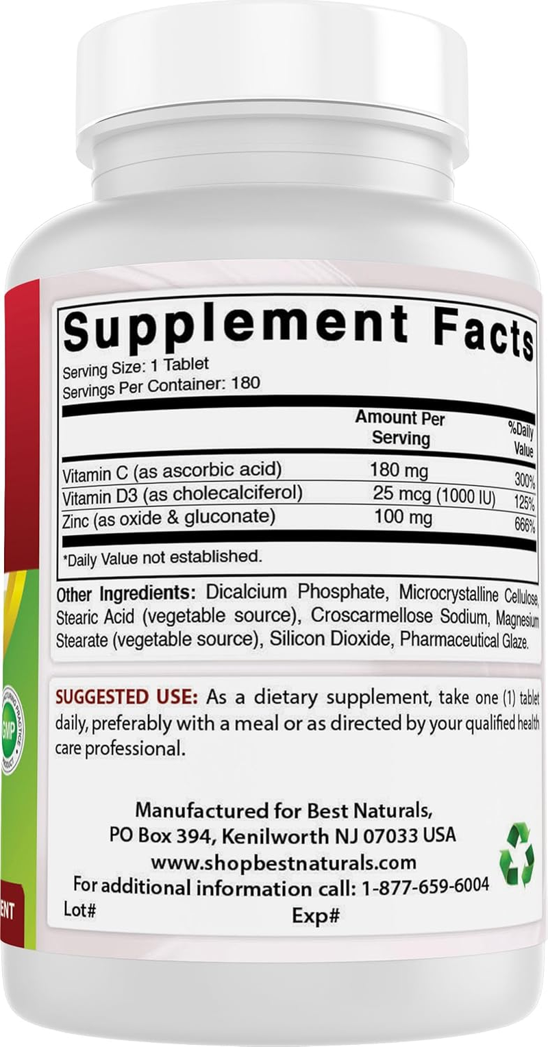 Best Naturals Zinc 100 Mg with Vitamin C & D3 180 Tablets Gluten Free and Non-Gmo image number 1