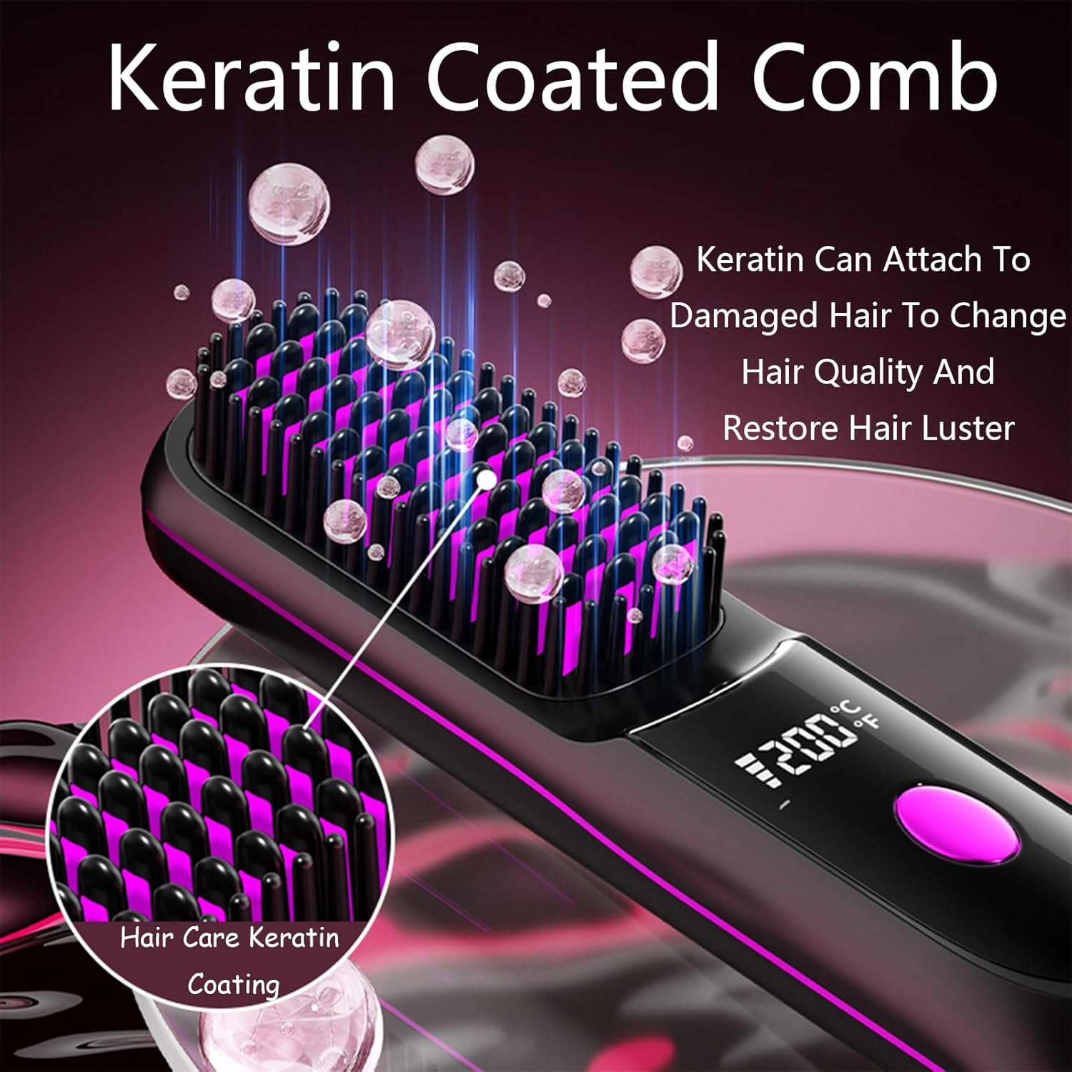 Go Brush Pro Hair Straightener &ndash; Cordless Comb with Base Negative Ion, 6000Mah Fast Heating & Portable Travel Design, Rechargeable Brush for Straightening and Curling (Black-1Pcs)