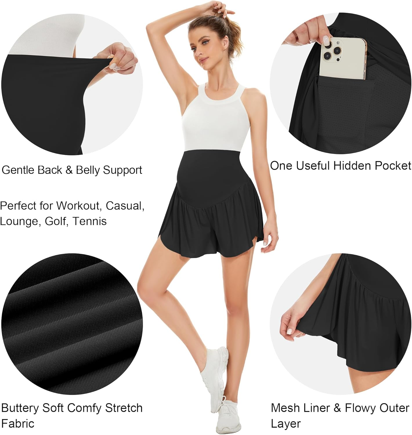 POSHGLAM Women'S Maternity Flowy Shorts over Belly Workout Running Casual Skorts with Pocket image number 1