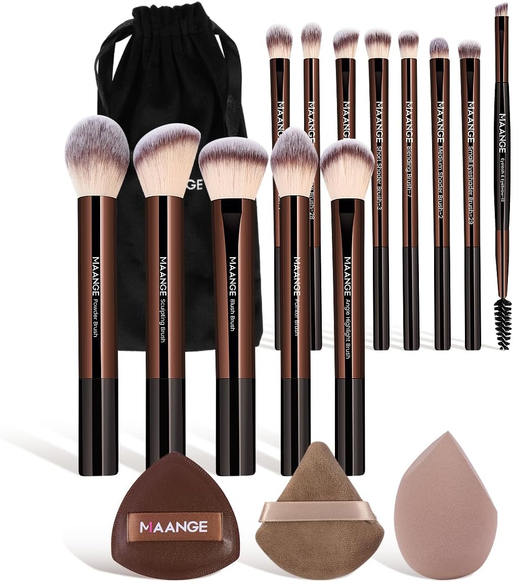 MAANGE 16PCS Makeup Brush Set Travel Makeup Brushes for Liquid Powder Contour Concealer Cream Cosmetics Blending Eyeshadow Eyeliner (Coffee)
