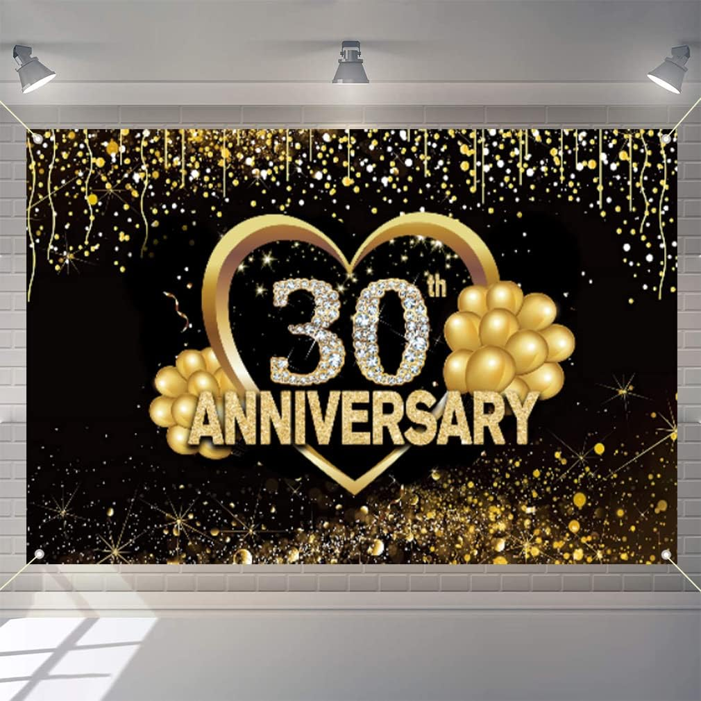 Happy 30Th Anniversary Decoration Banner, 30Th Wedding Anniversary Party Supplies Fabric Sign Poster, Black and Gold Backdrop Decor Photo Background Welcome Sign, 150 Cm X 90 Cm