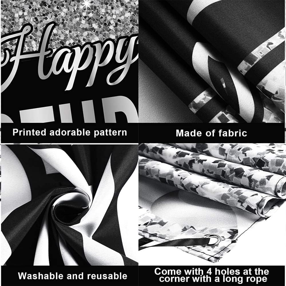 Silver Happy Birthday Banner Backdrop Silver Birthday Party Decorations Black White Balloons Happy Birthday Background Photo Photography Banner for Men Women Birthday Supplies, 72.8 X 43.3 Inch