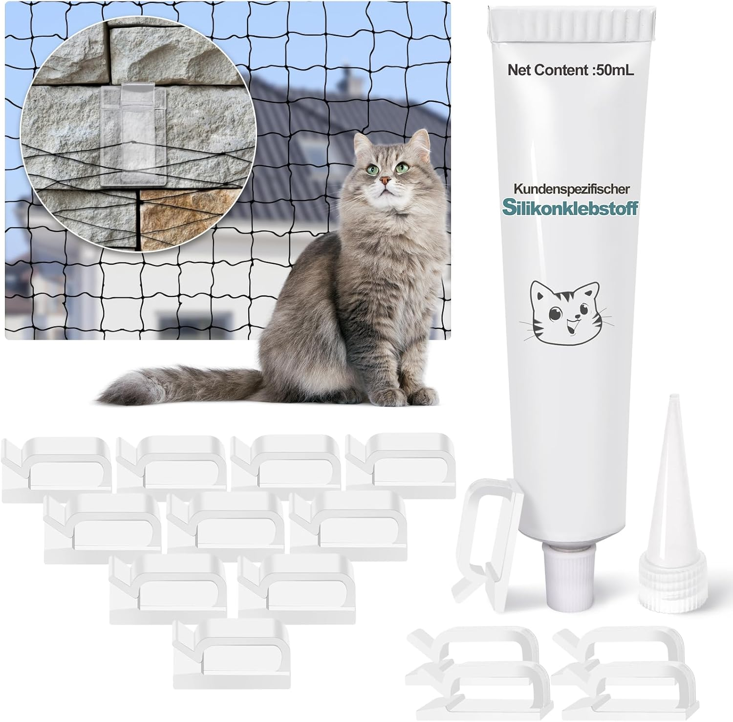 Thomp Adhesive Hooks and Silicone Adhesive Set of 50 for Attaching Cat Net for Balcony No Drilling Transparent Hook Mounting Adhesive Extra Strong 50 Ml Weatherproof Outdoor for Balcony, Window, Wall image number 3