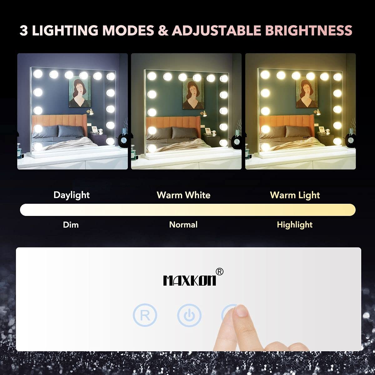 Maxkon Hollywood Mirror 14 LED Light Makeup Mirror Large Dressing Cosmetic Vanity Mirror with Touch Screen Aluminium Frame 65X55Cm