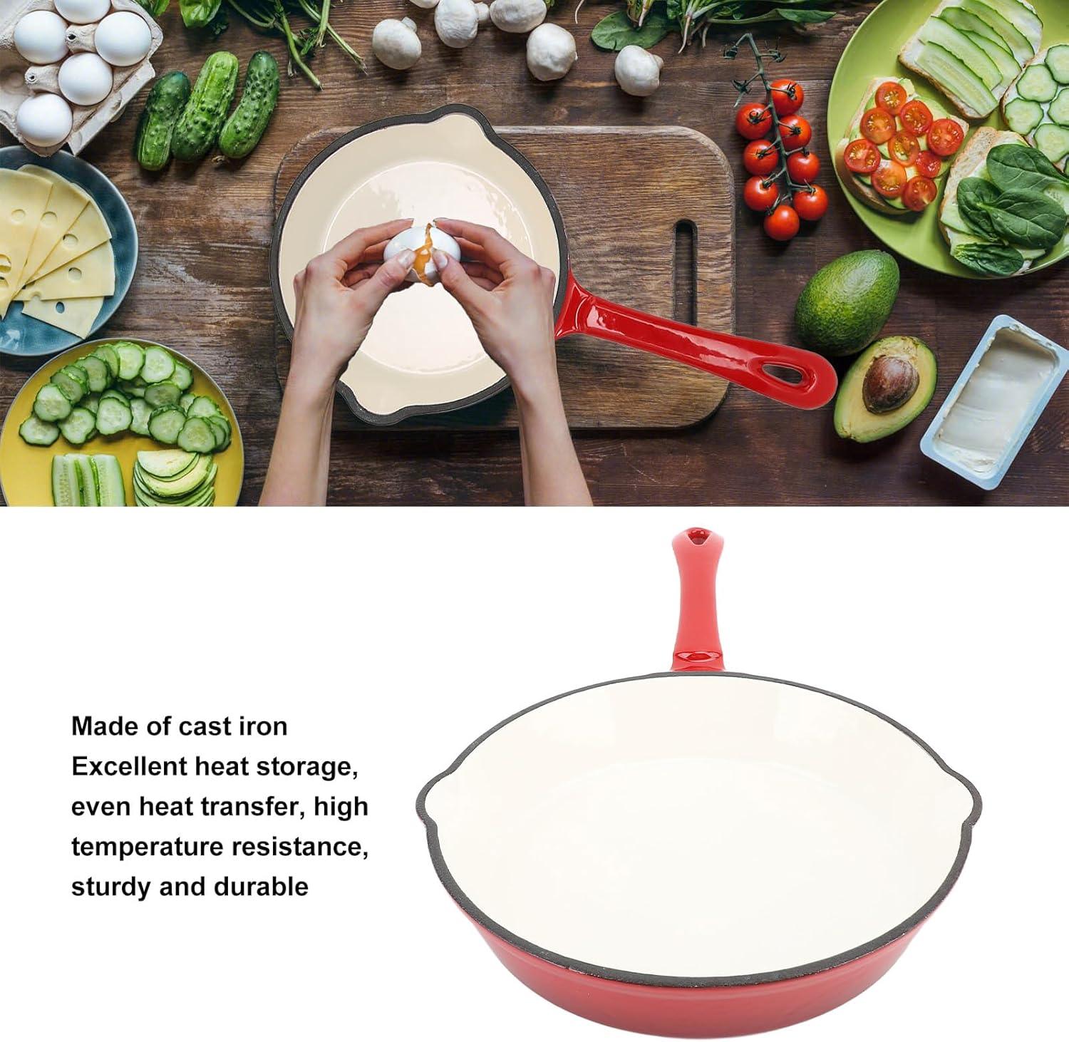 Enameled Cast Iron round Skillet, Nonstick Enameled Frying Pan with Long Handle, Frying Egg Omeltte Pan Skillet Grill Cookware for Camping Cooking Grilling (25Cm) image number 1