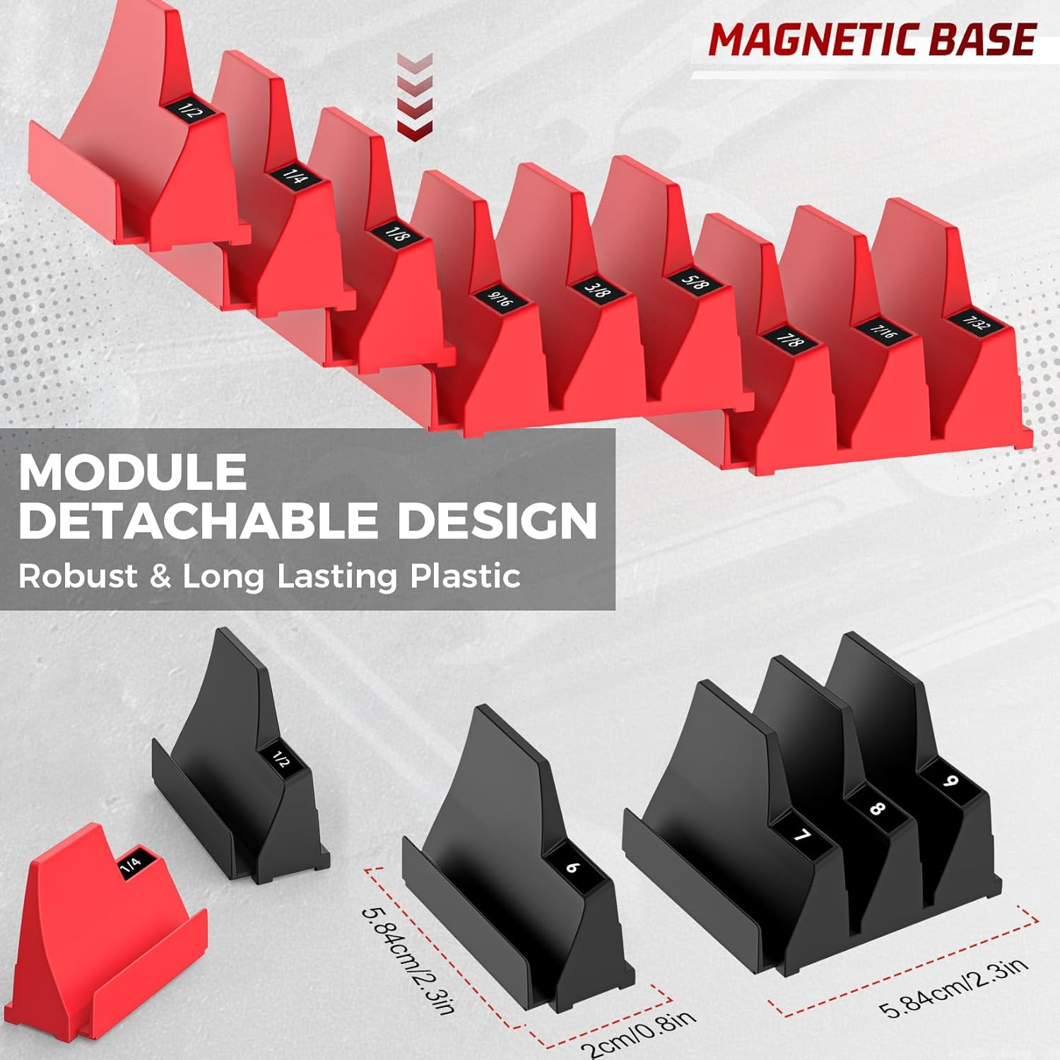 PINOZE 42PCS Magnetic Modular Wrench Organizers for Tool Drawers - Black & Red - Wrench Rack with Metric & SAE Labels, Customizable Magnet Tool Storage Holder for Tool Box Organization image number 6