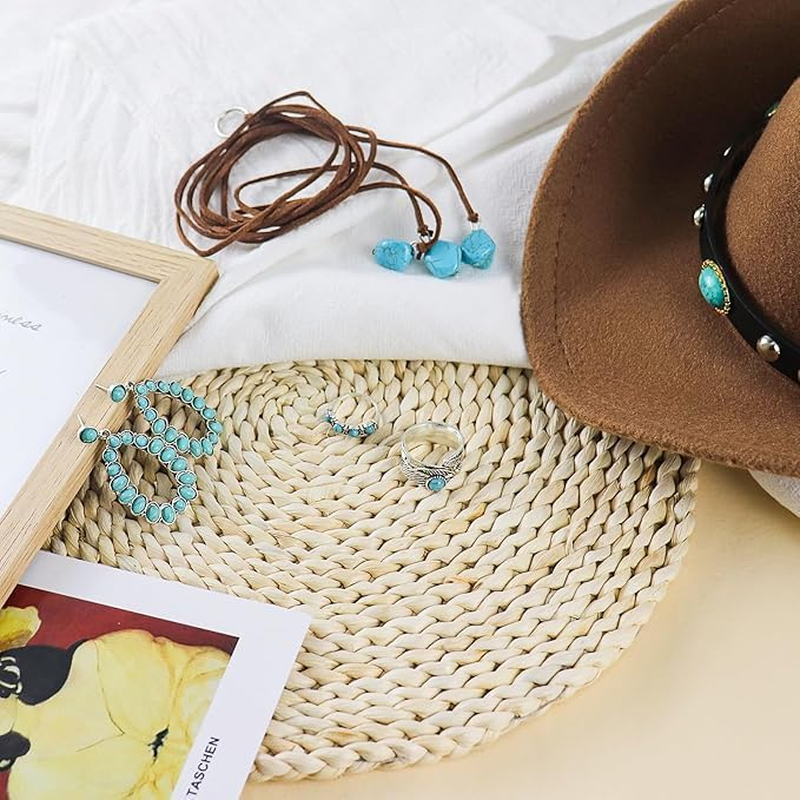 5Pcs Cowboy Hat Accessories for Women, Western Cowgirl Costume Set with Wide Brim Cow Boy Hat Turquoise Necklace Earrings Rings 70S Boho Hippy Fancy Dress for Adult Cosplay Carnival Halloween image number 1
