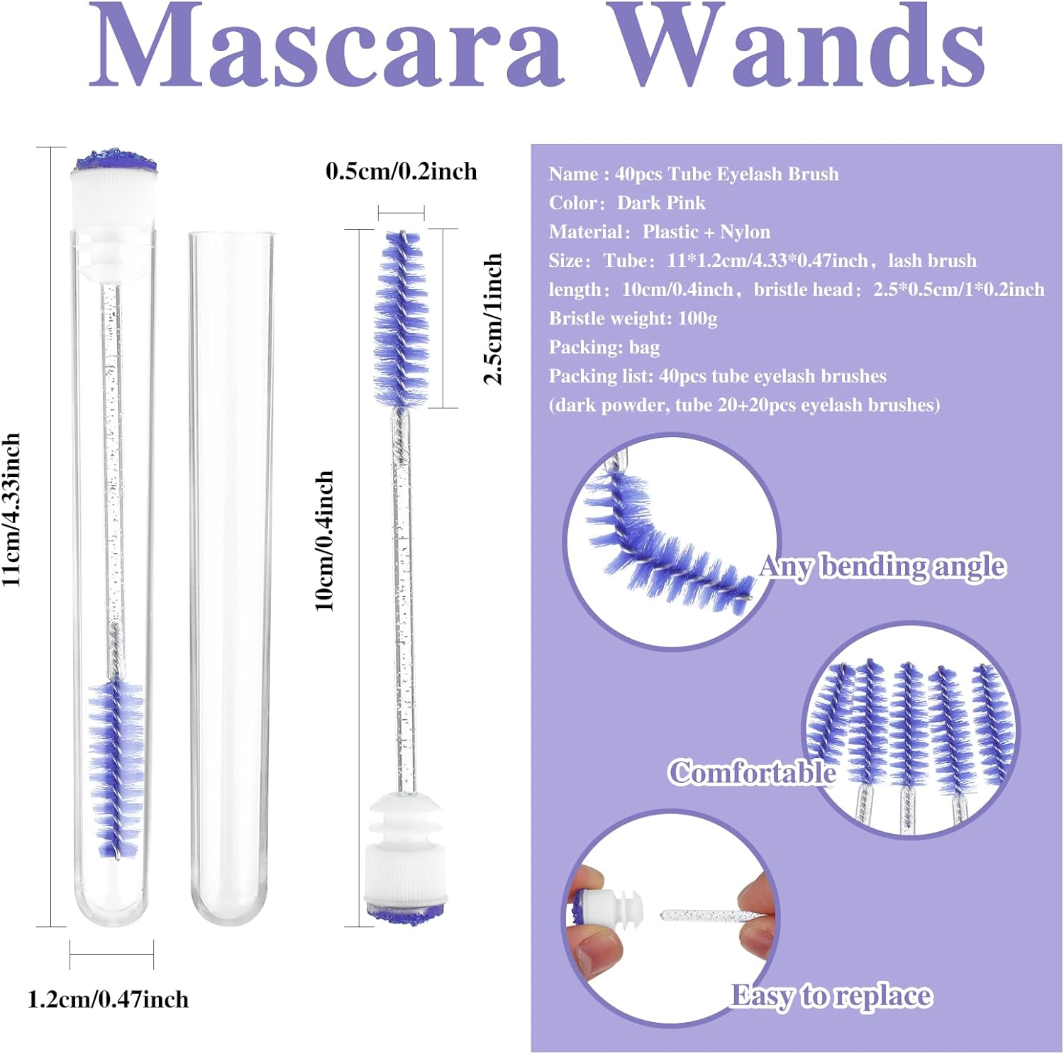 Disposable Mascara Wand Tubes, 40 PCS Bendable Eyelash Brush Lash Brushes Spoolie Lash Applicators Kits Supplies for Eyelash Brow Extensions Makeup (Purple) image number 2