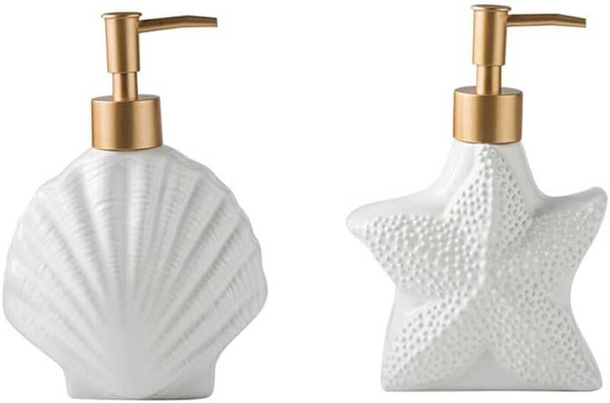 HYAVIA 2 Pack Nordic Ceramic Lotion Bottles, Refillable Soap Dispenser Set with Golden Pump, Shell & Starfish Design for Bathroom D&eacute;cor, Shampoo, Conditioner & Body Wash, 18&times;12Cm image number 3