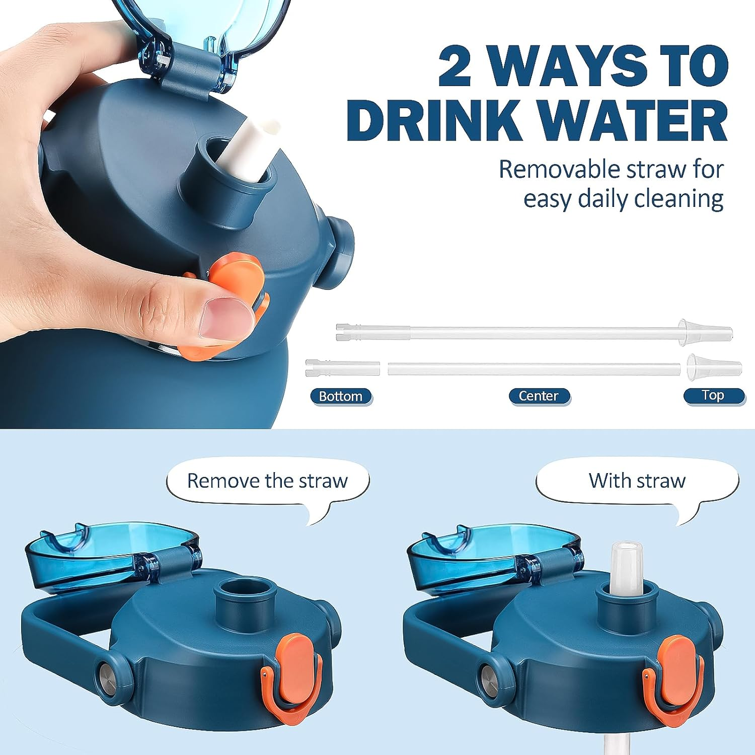 Kytffu 64Oz Glass Water Bottles with Straw, Half Gallon Motivational Glass Bottle with Silicone Sleeve and Time Marker, 2L Leakproof Large Glass Water Jug for Gym Home Office,Blue - 84 Ounces, Black image number 1