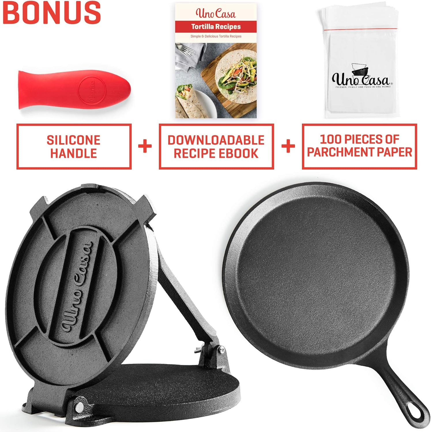 Uno Casa Cast Iron Tortilla Press 8 Inch with Cast Iron Comal Pan - Bundle of Tortilla Pan for Roti, Tawa, Dosa and Pre-Seasoned Tortilla Press Pataconera image number 1