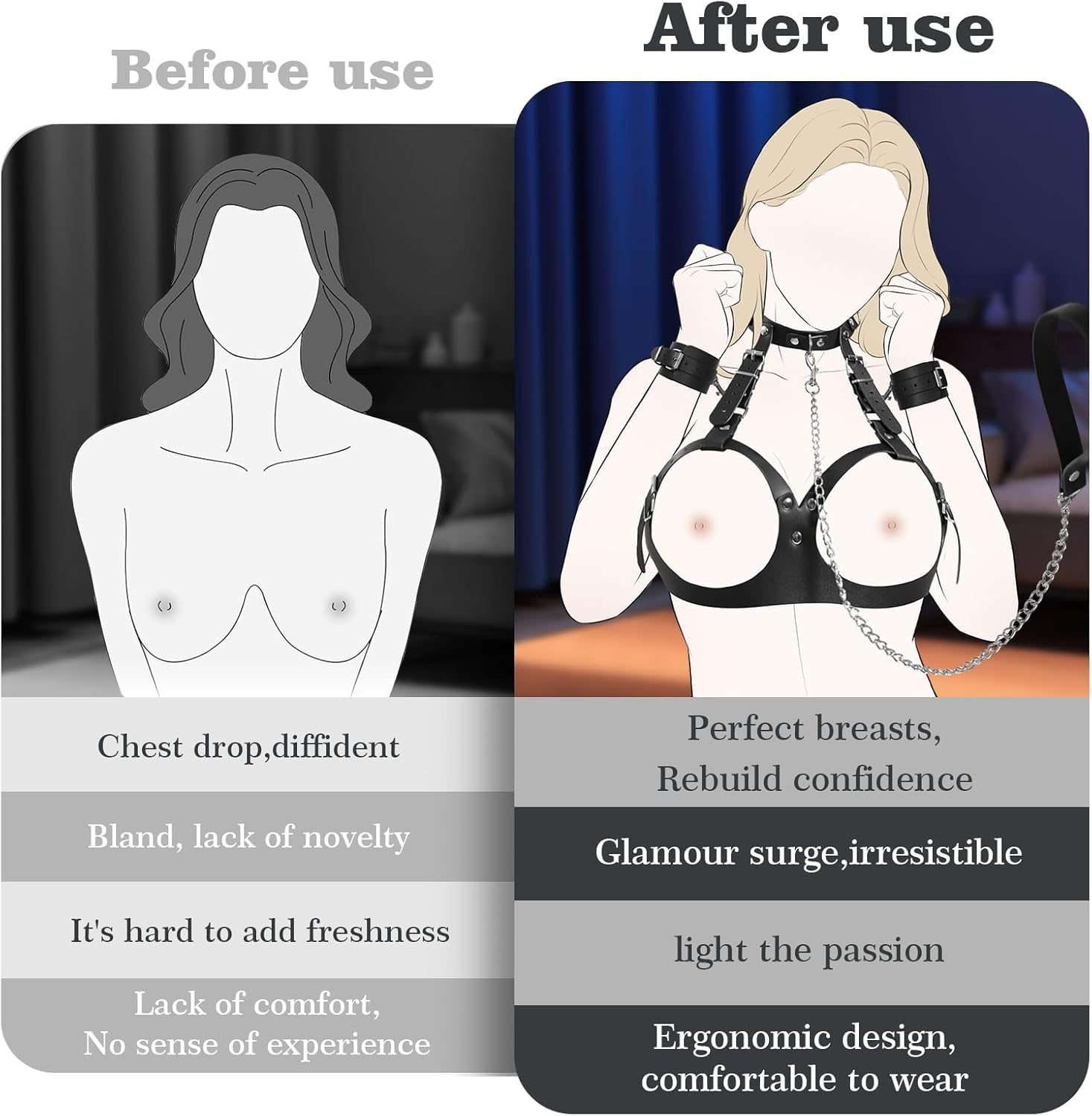 Bondage Sex Breast Restraints Set Sex Toy for Couples Adult Sex Toys with Dual-Layer PU Leather Harness Collars with Traction Chain Handcuffs Bondage Gear Accessories image number 4