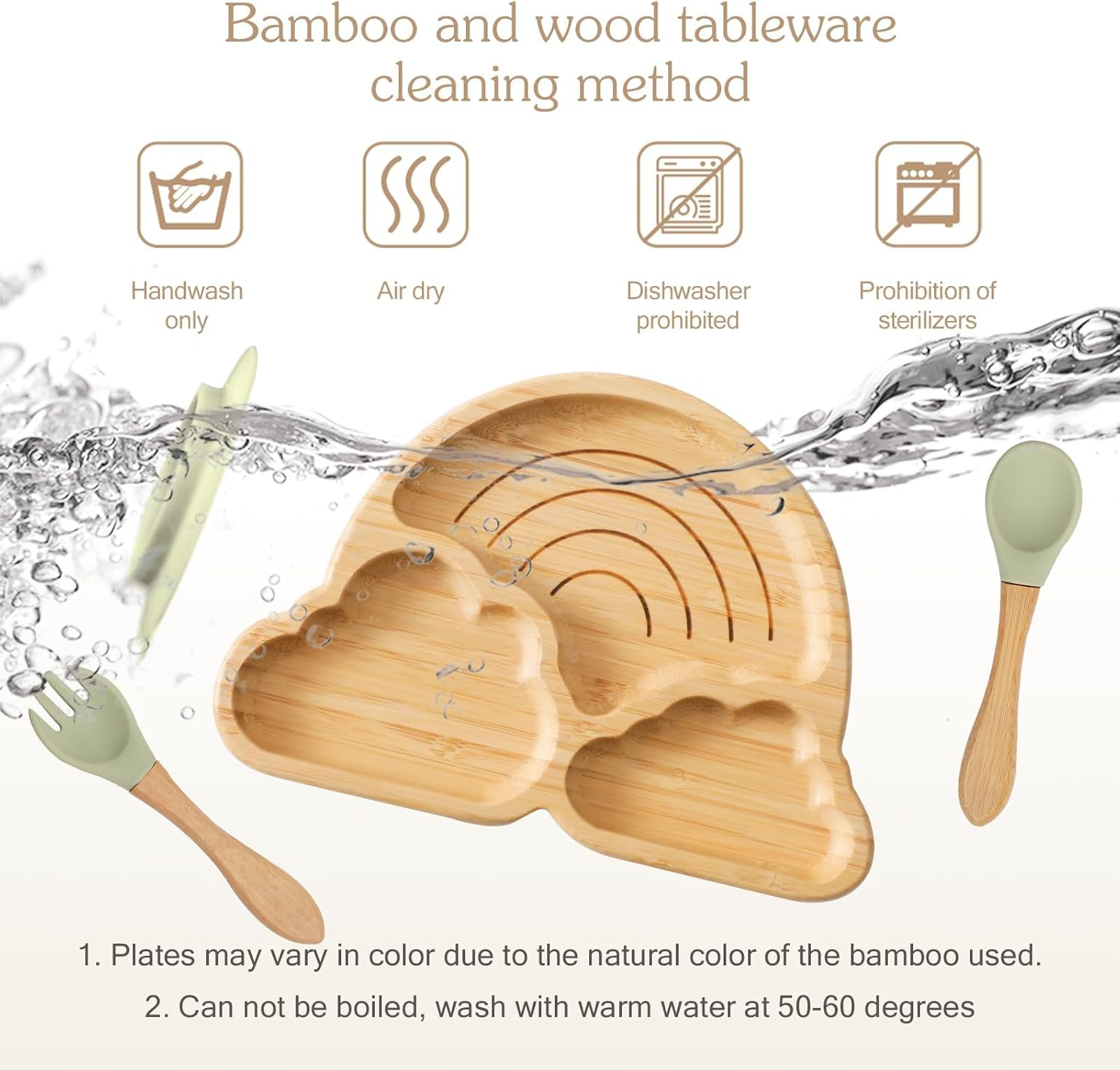 Bamboo Suction Plates Bowls Set for Baby Toddler Divided Platter Food Bowl with Silicone Fork & Spoon All-Natural Kids Feeding Set for Baby-Led Weaning, Non-Slip Design - Marble image number 4