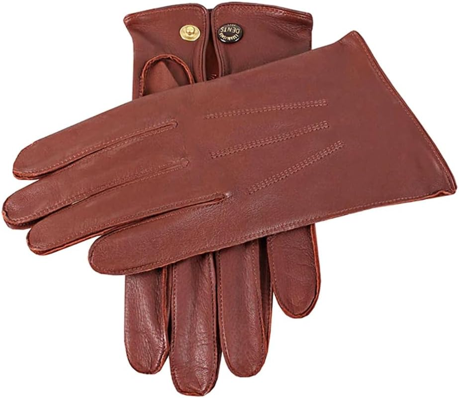 Dents Men'S Classic Sandhurst Unlined Leather Gloves with 3-Point Stitch Detail & Press Stud Fastening, English Tan, Size 7.5