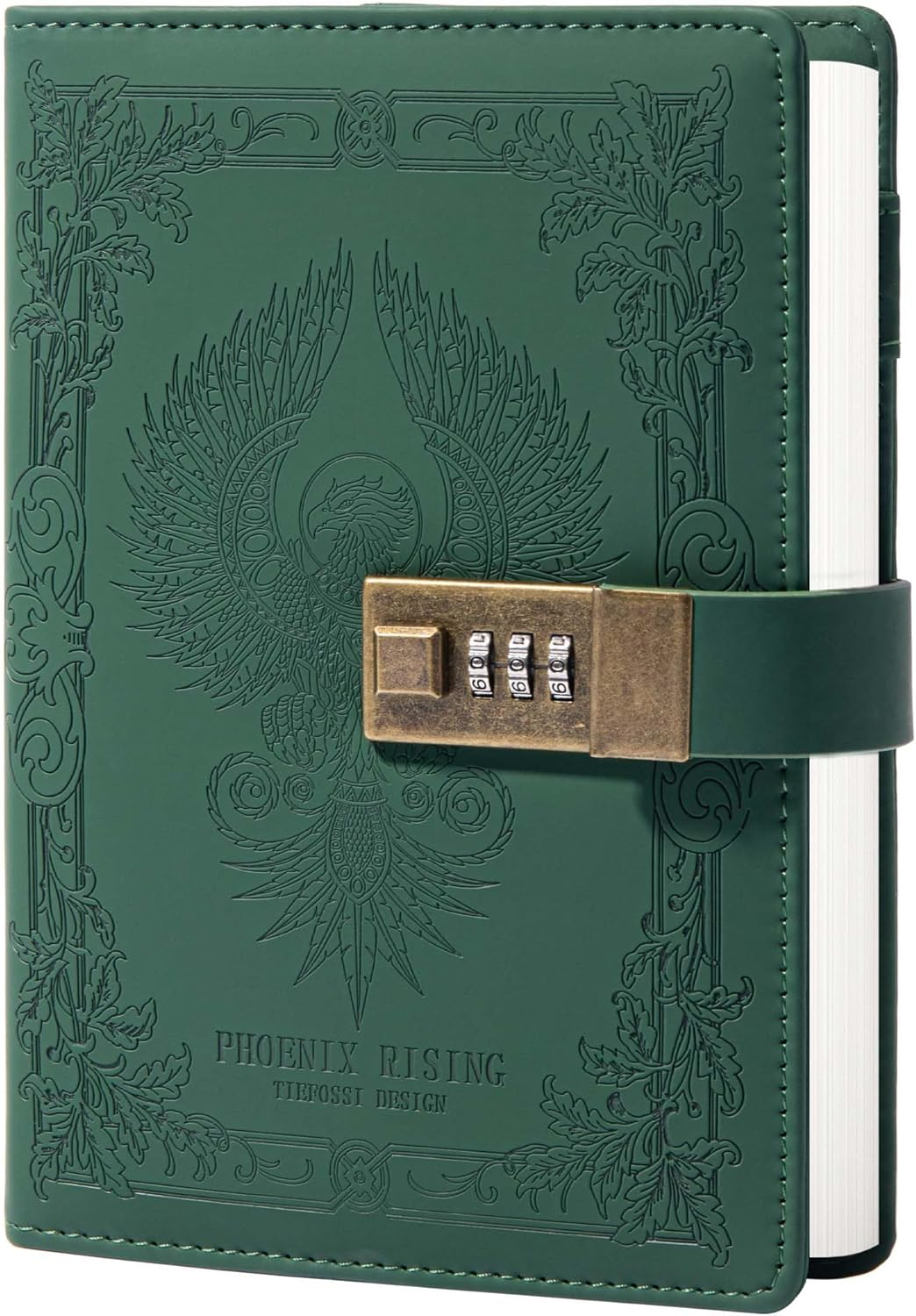 TIEFOSSI Phoenix Journal Notebook with Lock, Vintage Leather Locked Diary, B6 Travel Refillable Ruled Lined Writing Paper, Secret Password Gift Diary for Women Girls Boys (Green)