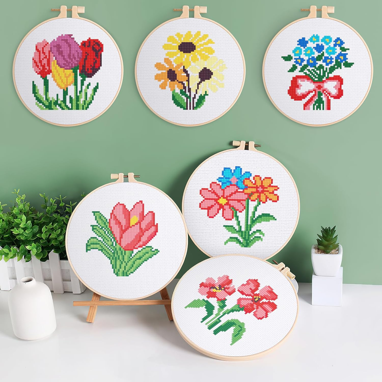 JSRQT 6Pcs Flower Cross Stitch Starter Kit for Beginners, DIY Art Sewing Embroidery Kit for Adults and Kids, Needlepoint Embroidery Kit with 2 Embroidery Hoop for Craft Lovers Embroidery Supplies image number 1
