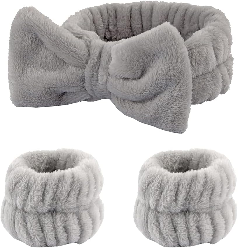 3 Piece Spa Headband and Bracelet Face Headband Wrist Wash Bands Set Soft Makeup Hair Band Fluffy Cosmetic Headband Grey image number 6
