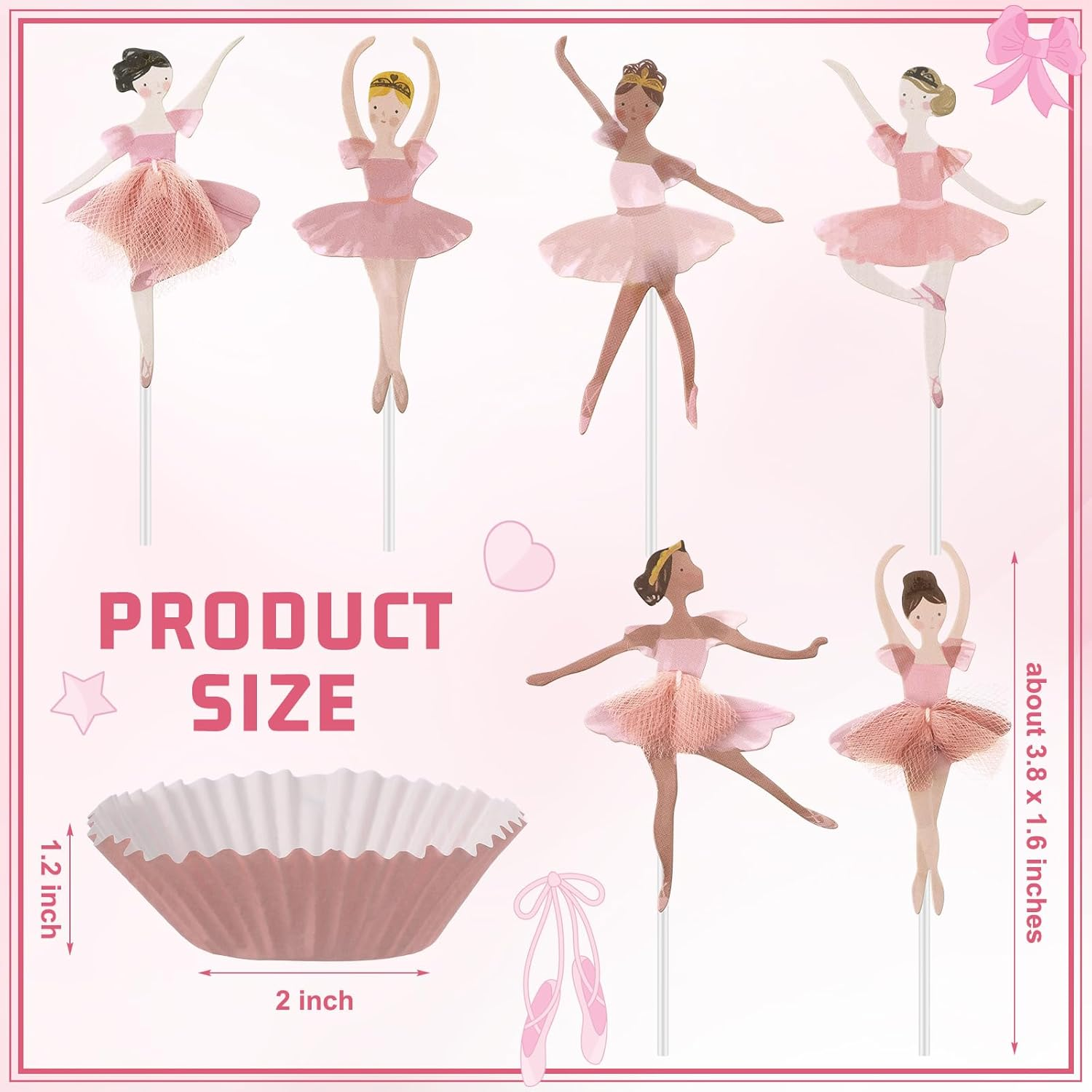 36 Ballerina Cupcake Kit - 72 Count - Pink - Ballet Tutu Dancer Girls Cupcake Toppers & Cups - Wedding, Baby Shower, Birthday Party image number 3