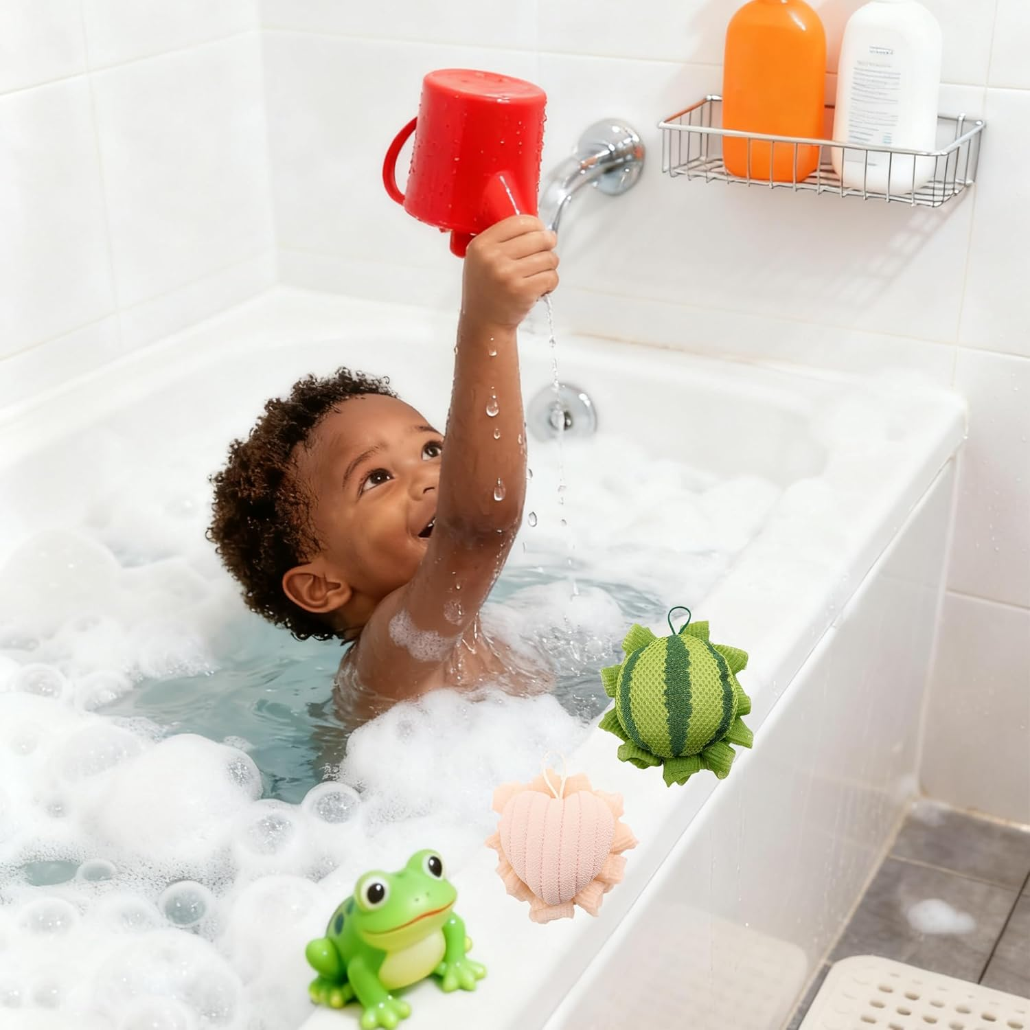 Reignsword 2 Pack Cute Bath Loofah, Cartoon Watermelon & Love Heart Shape - Mesh Shower Sponge Body Scrubber, Exfoliating Bath Accessories for Women image number 4