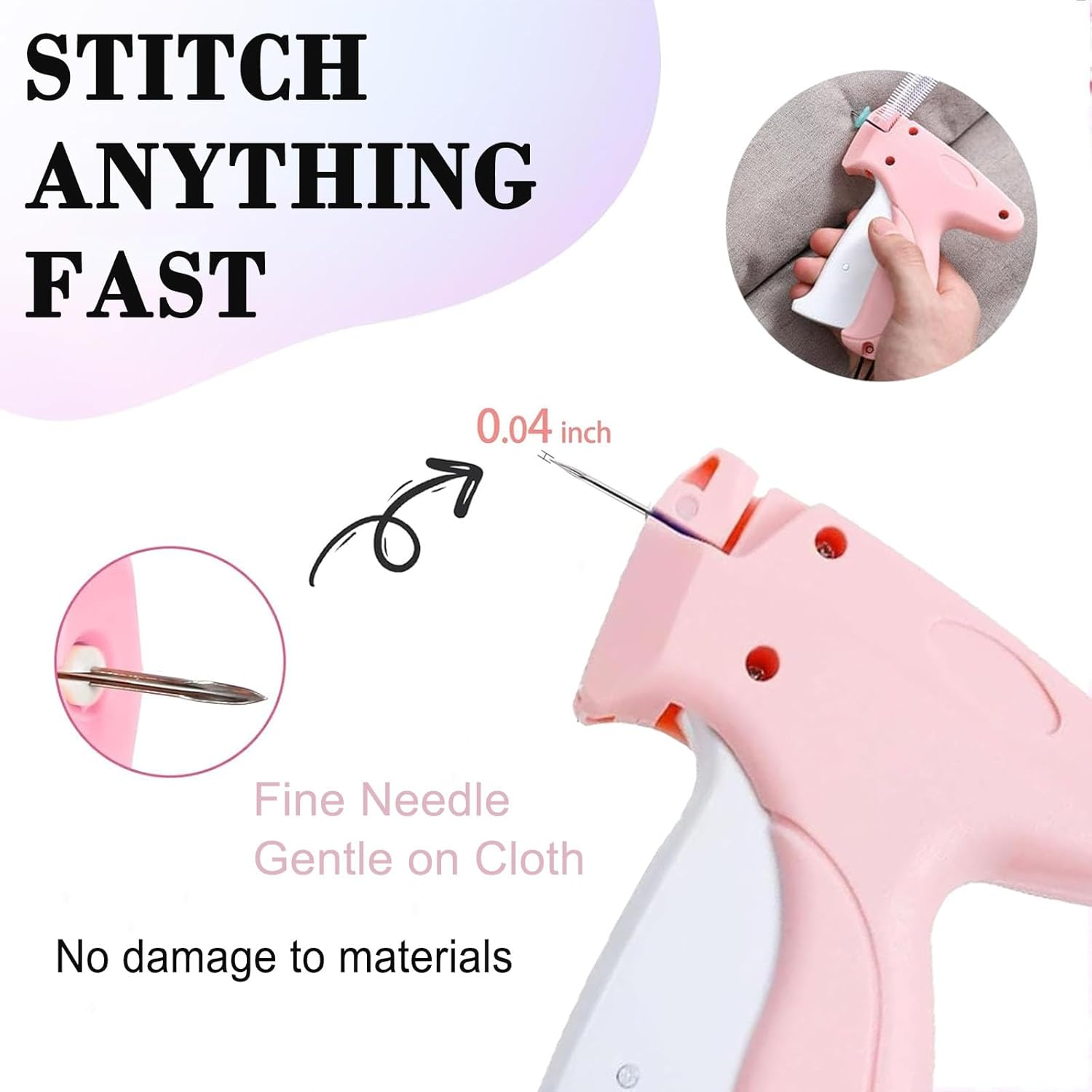 Wakouter Stitch Gun for Clothes, 5 Needle Handheld Stitch Gun Quick Clothing Fixer, Mini Sewing Kit, Micro Tagging Gun, 1000 Black Fasteners & 1000 White Fasteners, for Sewing, Hemming, Quilting (Pink)