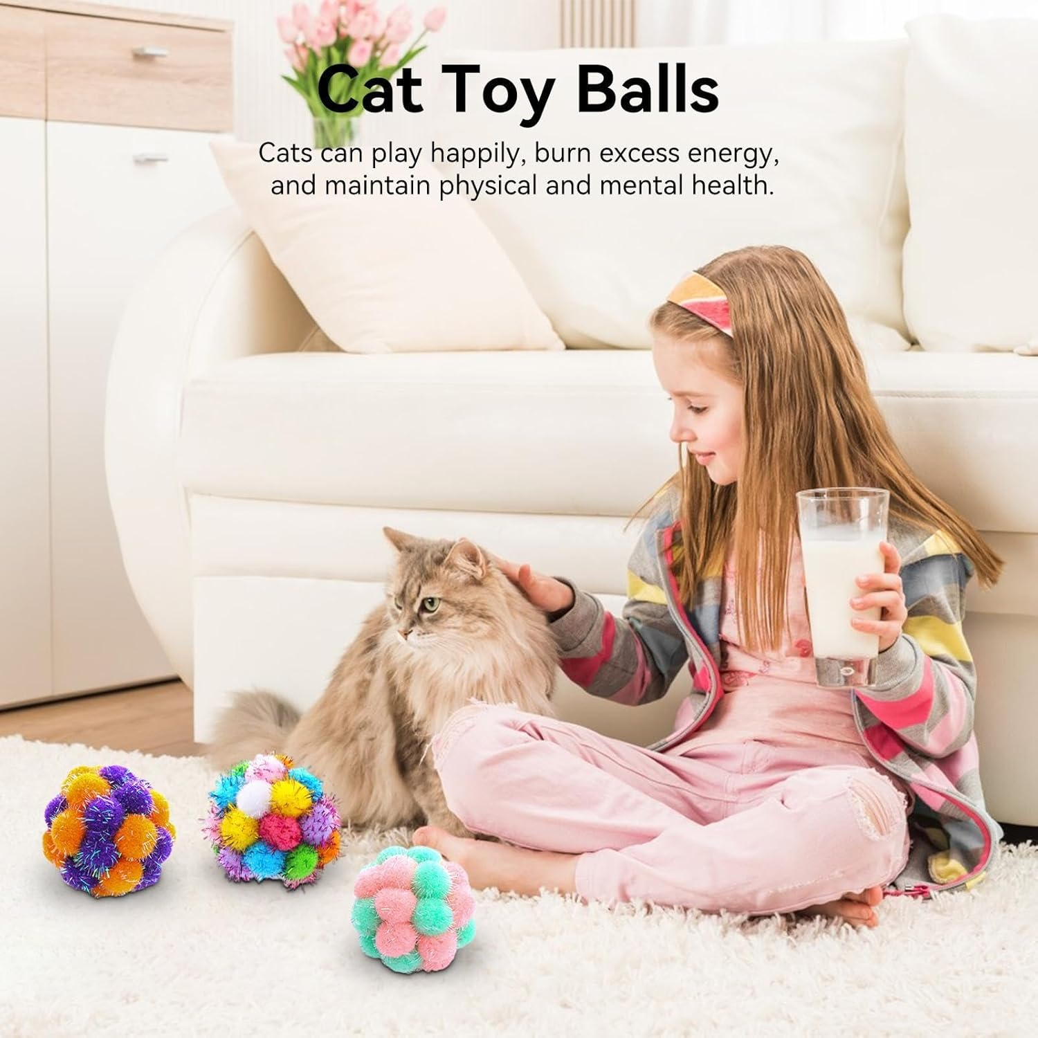 Tuxxjzm Pom Pom Cat Toys - Puff Balls Cats Toy,Assorted Color Balls Fuzzy Balls, Interactive Toys for Indoor Cats and Kittens, Toys