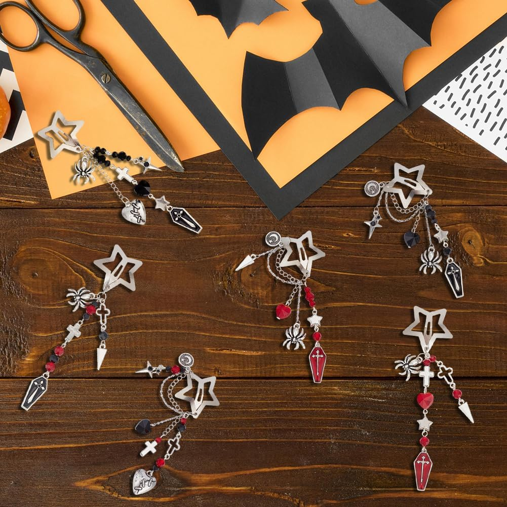 SUNNYCLUE 1 Box DIY 6 Sets Tassels Hair Clips Making Kit Halloween Gothic Hairclips Cross Coffin Charms Black Red Heart Beads Star Hairpins Accessories for Women Braid Long Short Thin Thick Hair image number 3