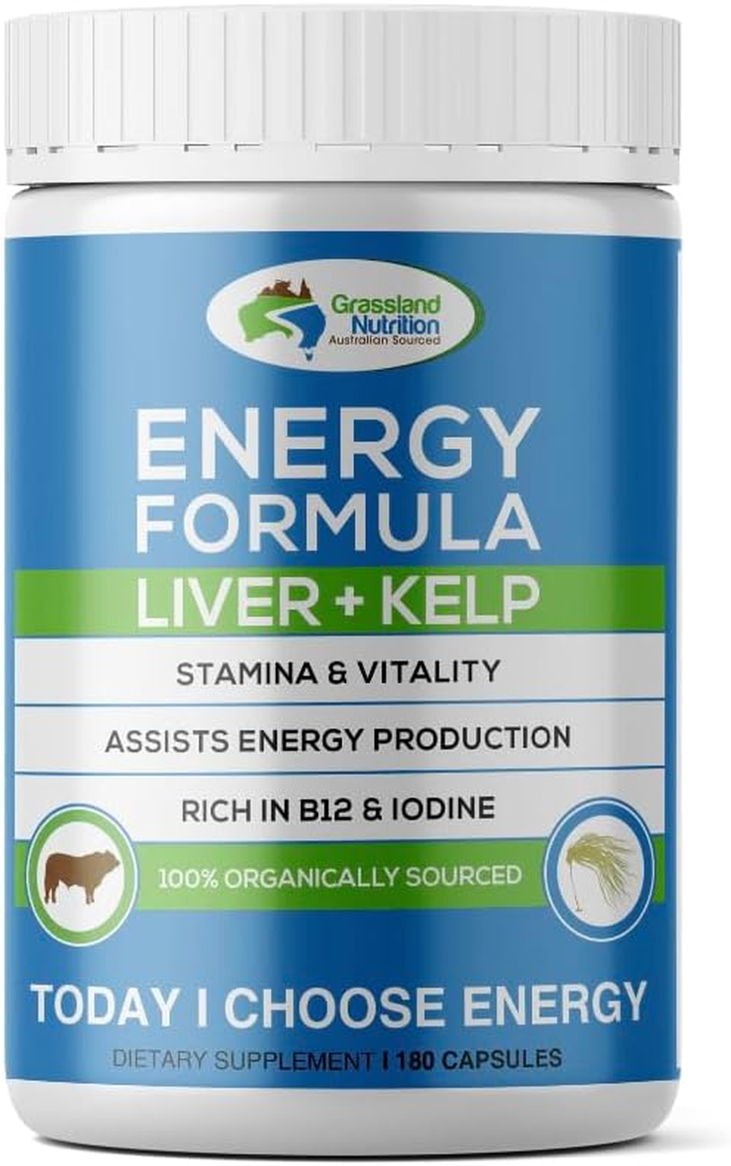 Grass Fed Beef Liver with Wild Harvested Kelp 100% Organically/Halal Sourced 2-IN-1 Energy Formula &mdash; Natural B12, Iodine, Iron & Vitamin a (180 Capsules)
