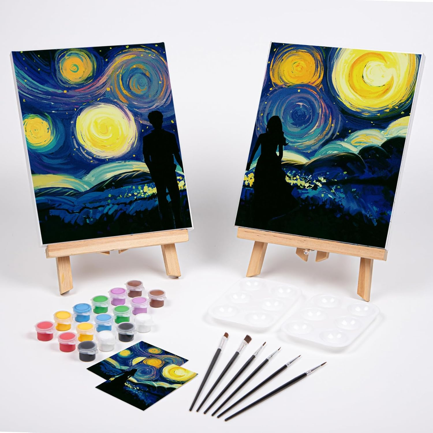 VOCHIC Couples Paint Party Kits Pre Drawn Canvas for Adults for Paint and Sip Date Night Games for Couples Painting Kit 8X10 Starry Sky Couple (2 Pack) Valentine image number 3