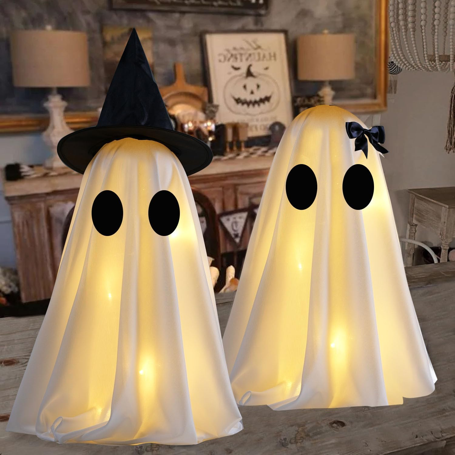 Halloween Ghost Decorations, Set of 2 DIY Spooky Ghosts Crafts, Scary Ghost for Halloween Decor Indoor Home Mantel Shelf & Tabletop Decor