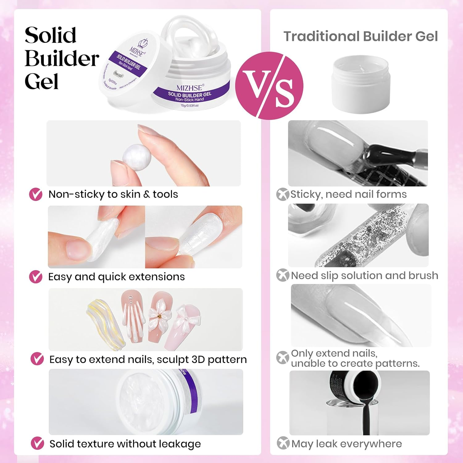 MIZHSE Solid Nail Builder Gel - Clear & Pearl White, 3D Nail Artgel, Non-Sticky Hard Gel for Sculpting, with Dual Form Silicone Pen for Carving & Decoration, Home DIY Manicure image number 3