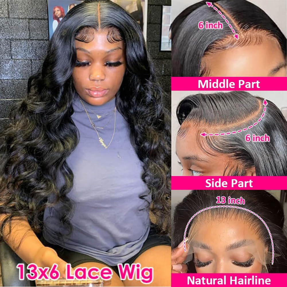 Pizazz 13X6 Body Wave Transparent Lace Front Wigs Human Hair Pre Plucked 180 Density HD Lace Frontal 9A Glueless Wigs with Baby Hair for Women 26Inch - Natural Black Color image number 4