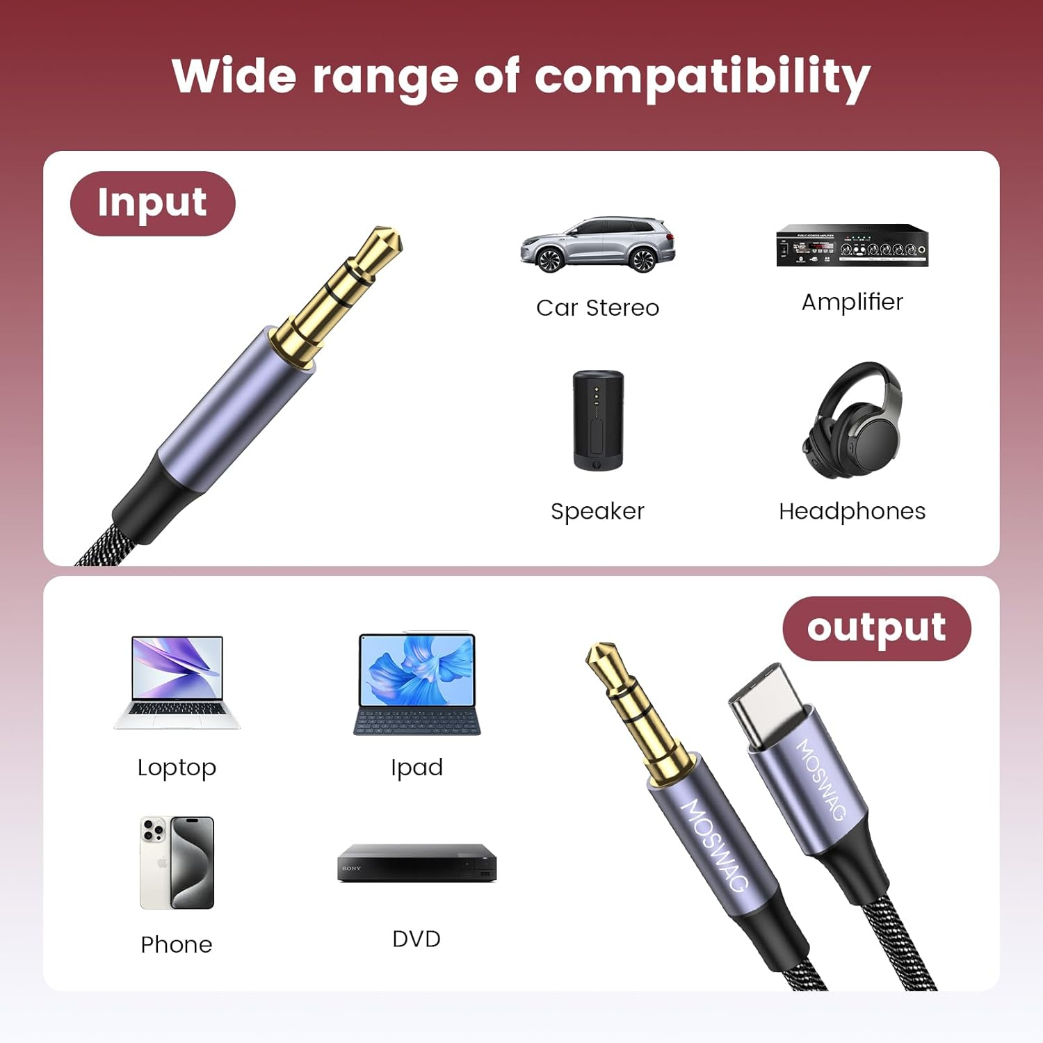 MOSWAG USB C to AUX Cable（2M）, 2 in 1 3.5Mm to 3.5Mm Audio Aux Jack Cable with USB C Audio Auxiliary Input Adapter Male to Male AUX Cord for Headphones,Car,Home Stereos,Speaker image number 3
