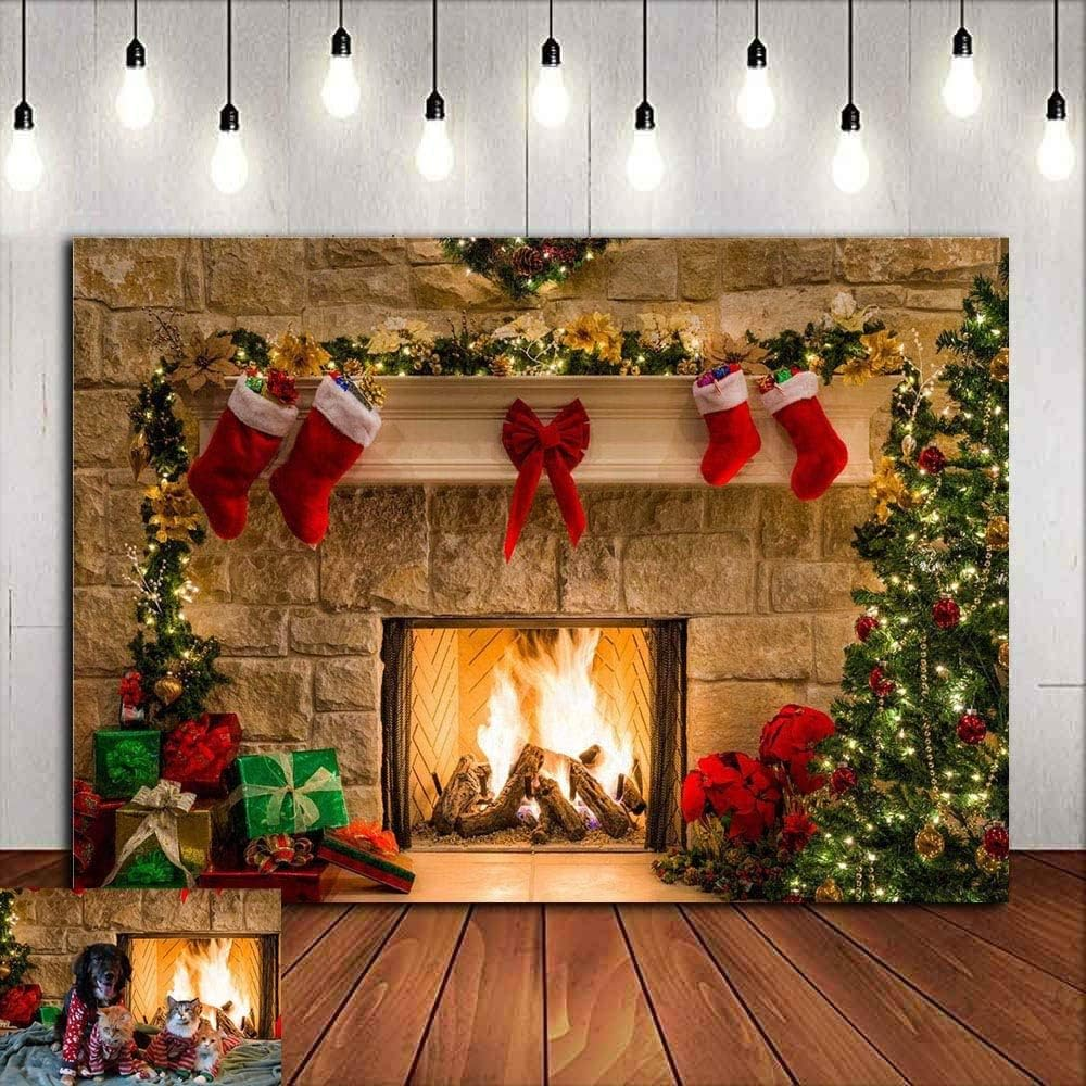Fireplace Holiday Photography Backdrop Photo Booths Studio Props Vinyl 7X5Ft Christmas Stocking Tree Photo Background Winter Xmas Birthday Party Decorations Baby Shower Supplies image number 2